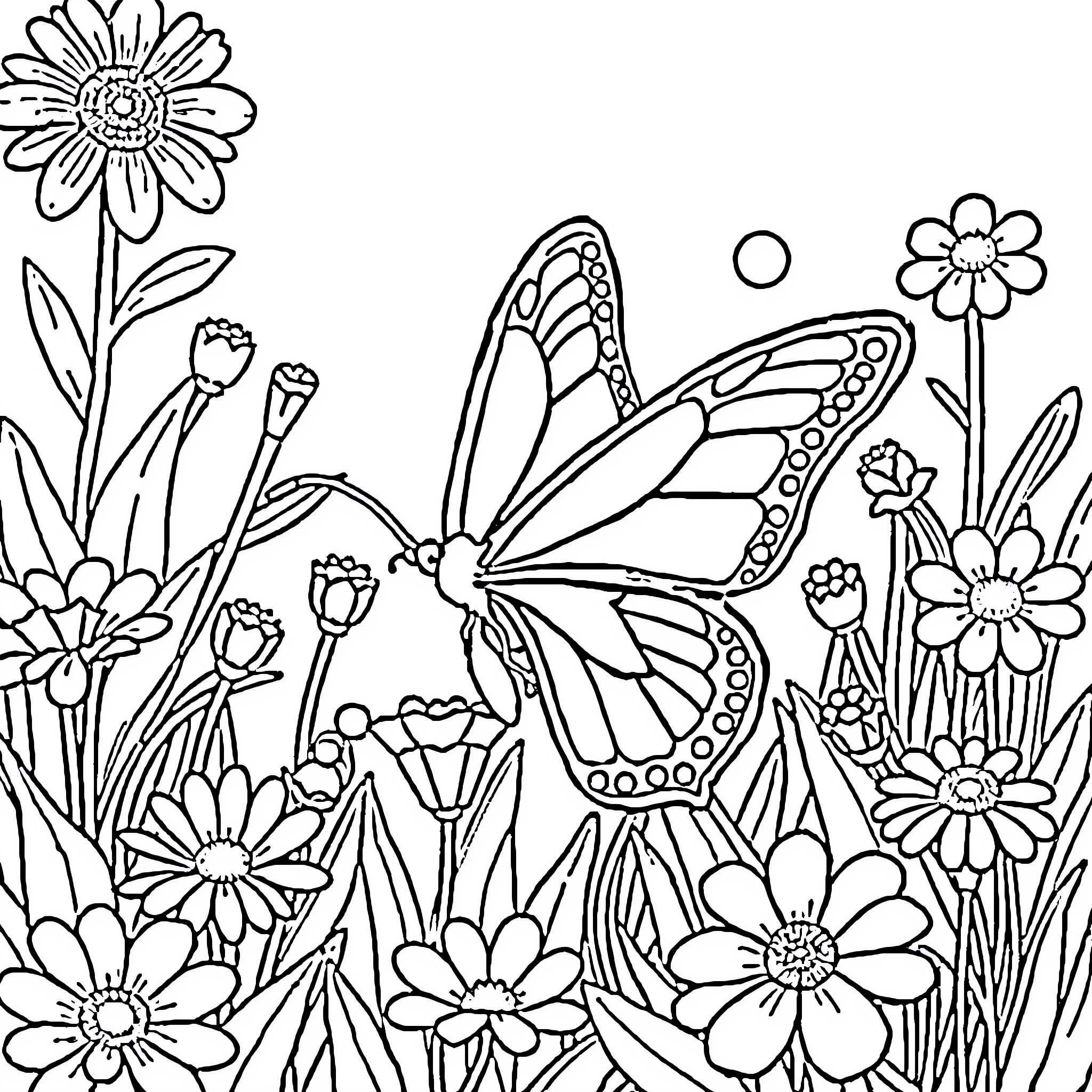 Butterfly among flowers in garden Coloring Page (free black-and-white line drawing printable PDF for all, from beginners to advanced learners, including children, teens, adults, and seniors)