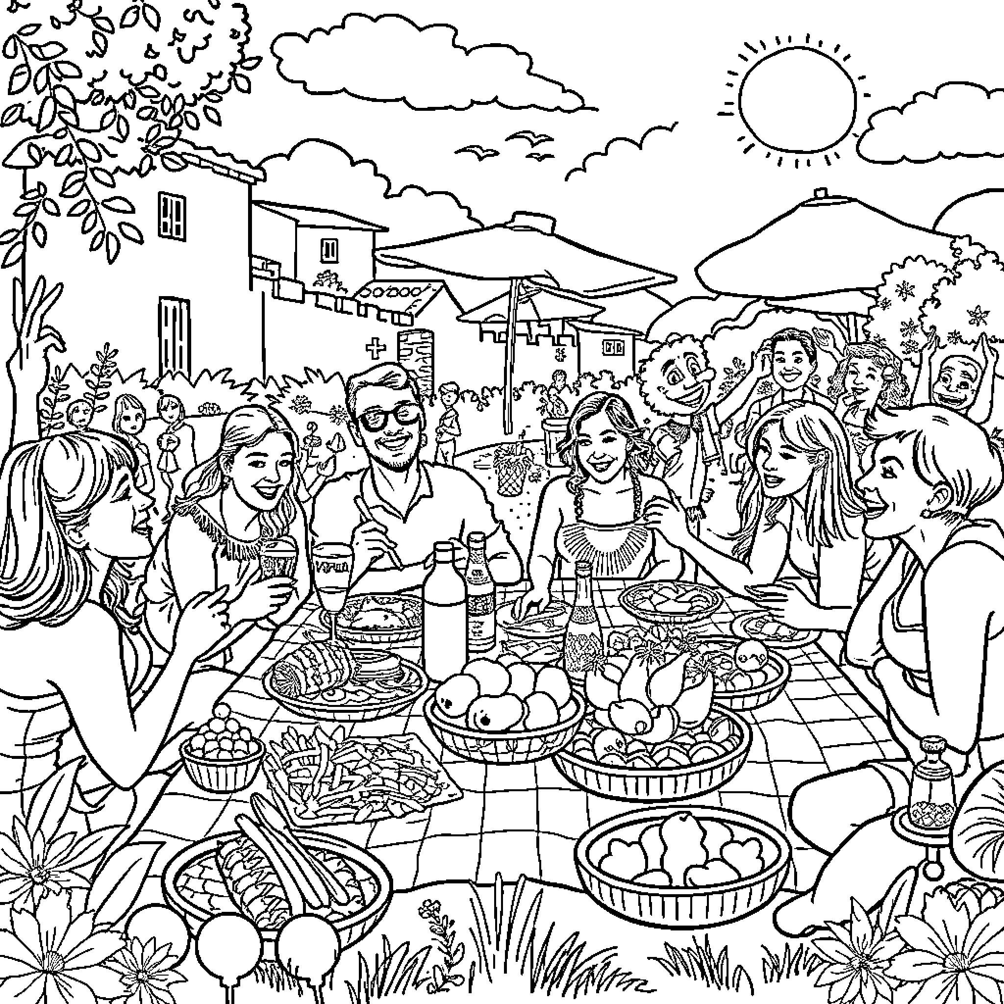 Brainrot: Outdoor Feast and Celebration Coloring Page (free black-and-white line drawing printable PDF for all, from beginners to advanced learners, including children, teens, adults, and seniors)