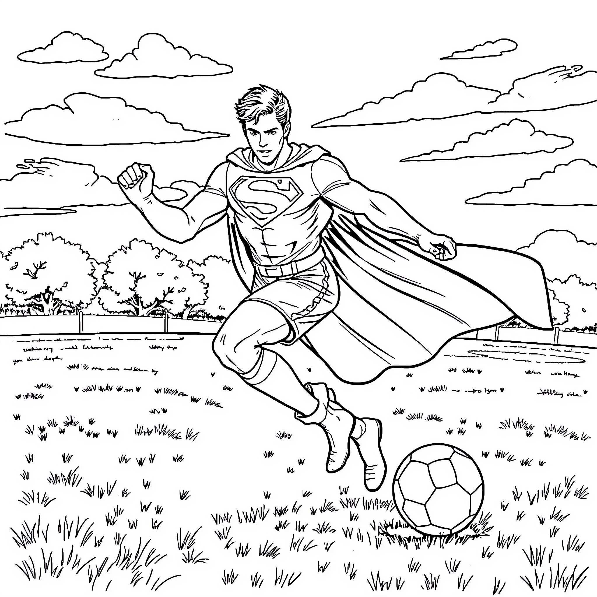 Superman playing soccer in a grassy field Coloring Page (free black-and-white line drawing printable PDF for all, from beginners to advanced learners, including children, teens, adults, and seniors)