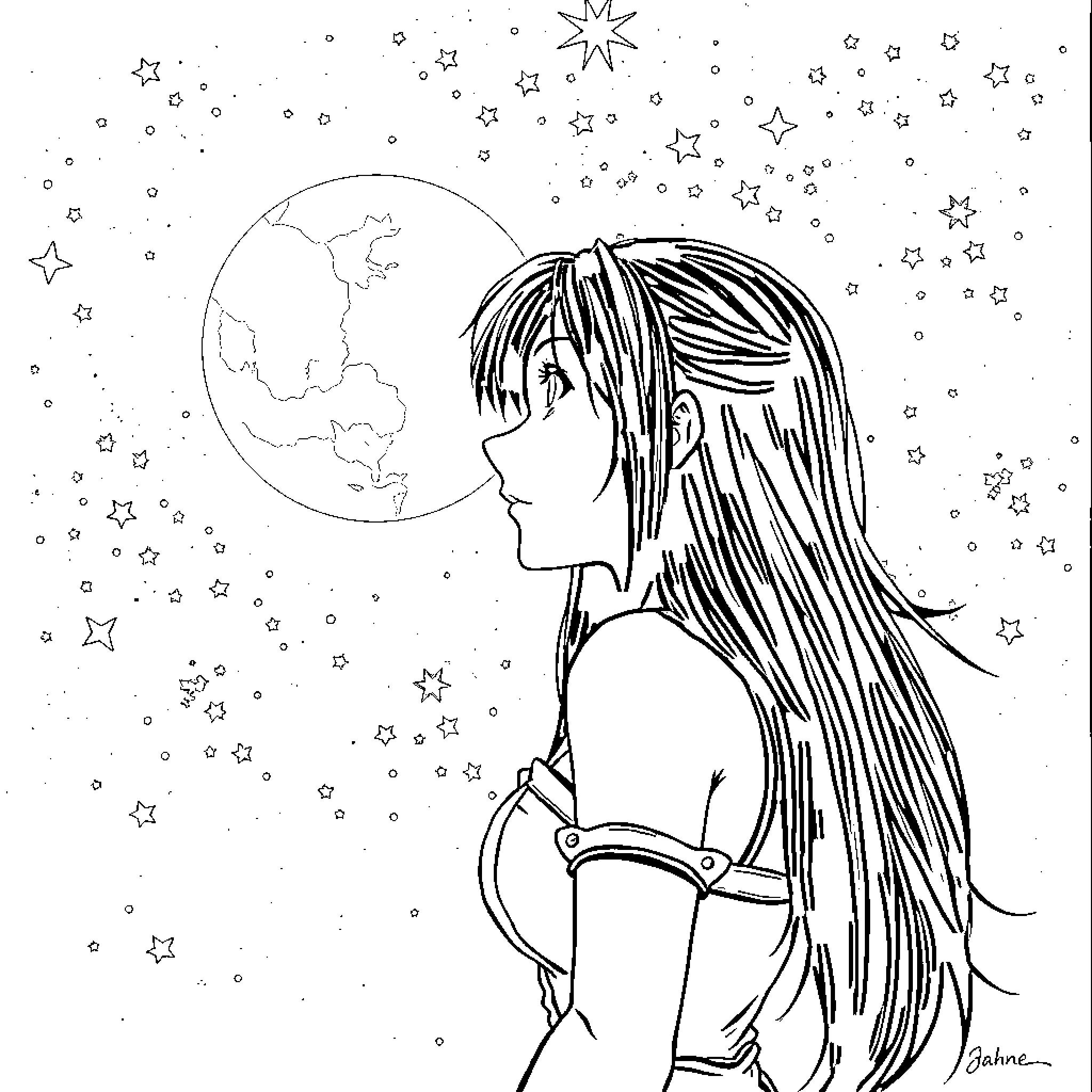 Tifa gazing at the starry night sky Coloring Page (free black-and-white line drawing printable PDF for all, from beginners to advanced learners, including children, teens, adults, and seniors)