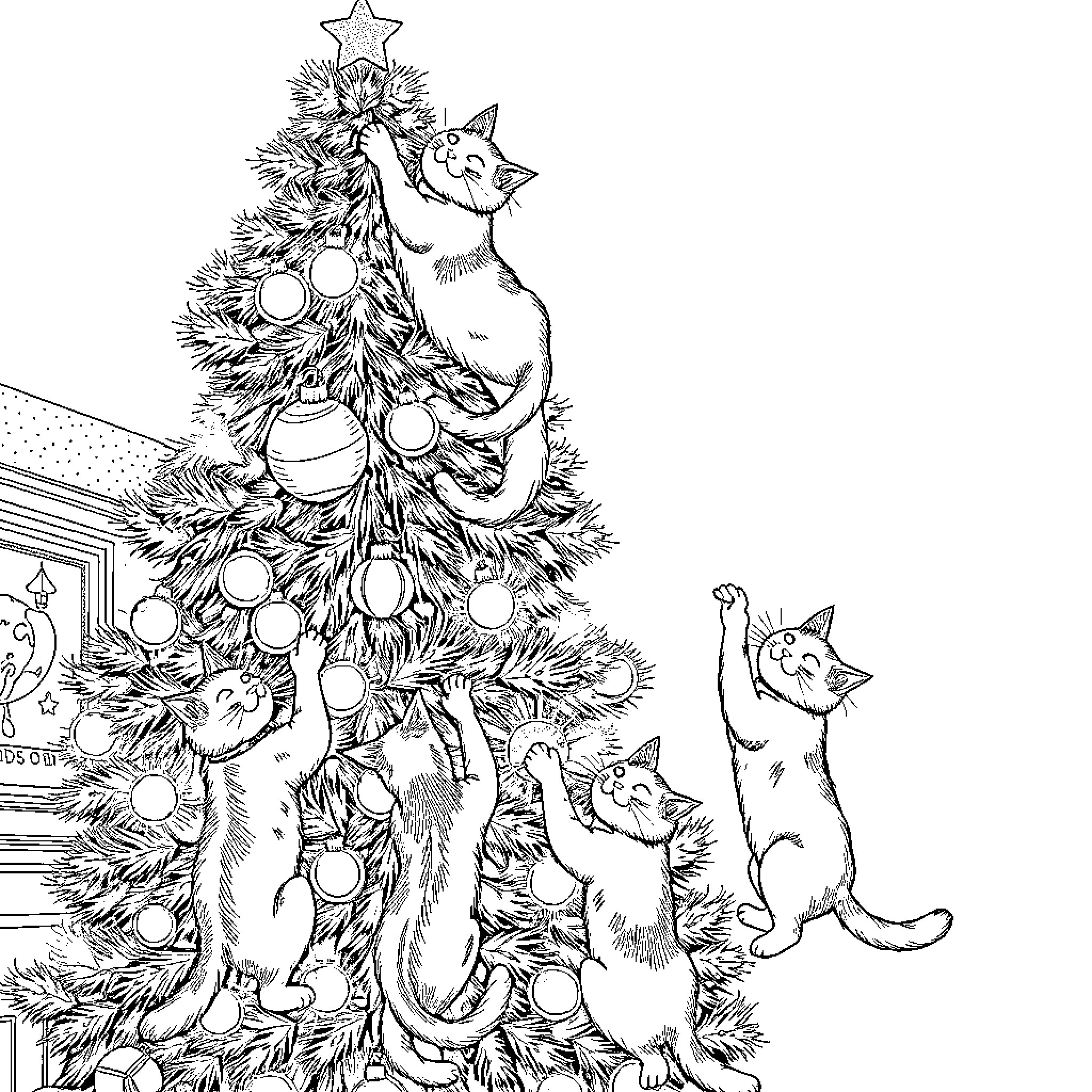 Cats Decorating Christmas Tree Coloring Page (free black-and-white line drawing printable PDF for all, from beginners to advanced learners, including children, teens, adults, and seniors)