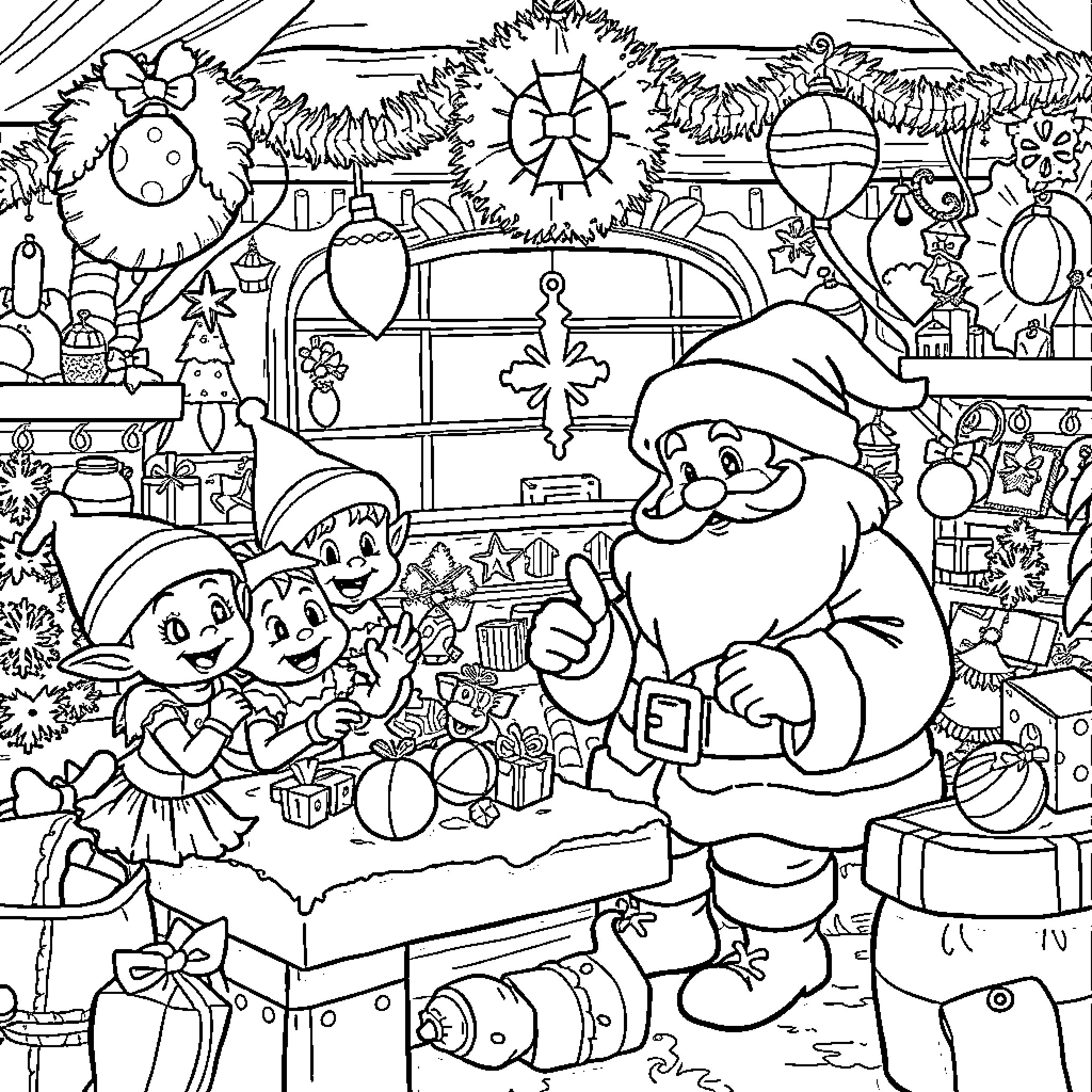 Santa's Festive Workshop and Gathering Coloring Page (free black-and-white line drawing printable PDF for all, from beginners to advanced learners, including children, teens, adults, and seniors)