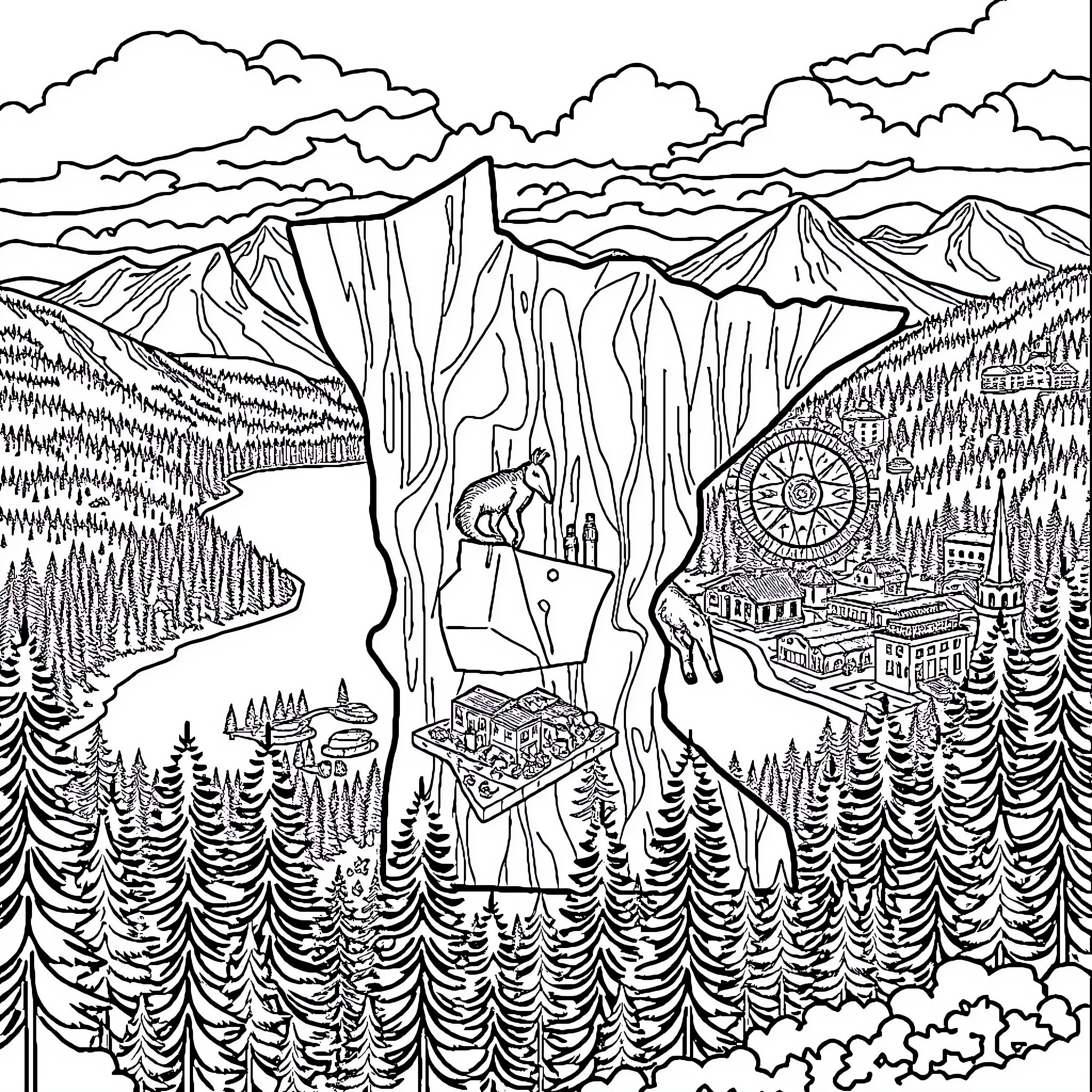 Minnesota Landscape with Mountainous Terrain and Wildlife Coloring Page (free black-and-white line drawing printable PDF for all, from beginners to advanced learners, including children, teens, adults, and seniors)