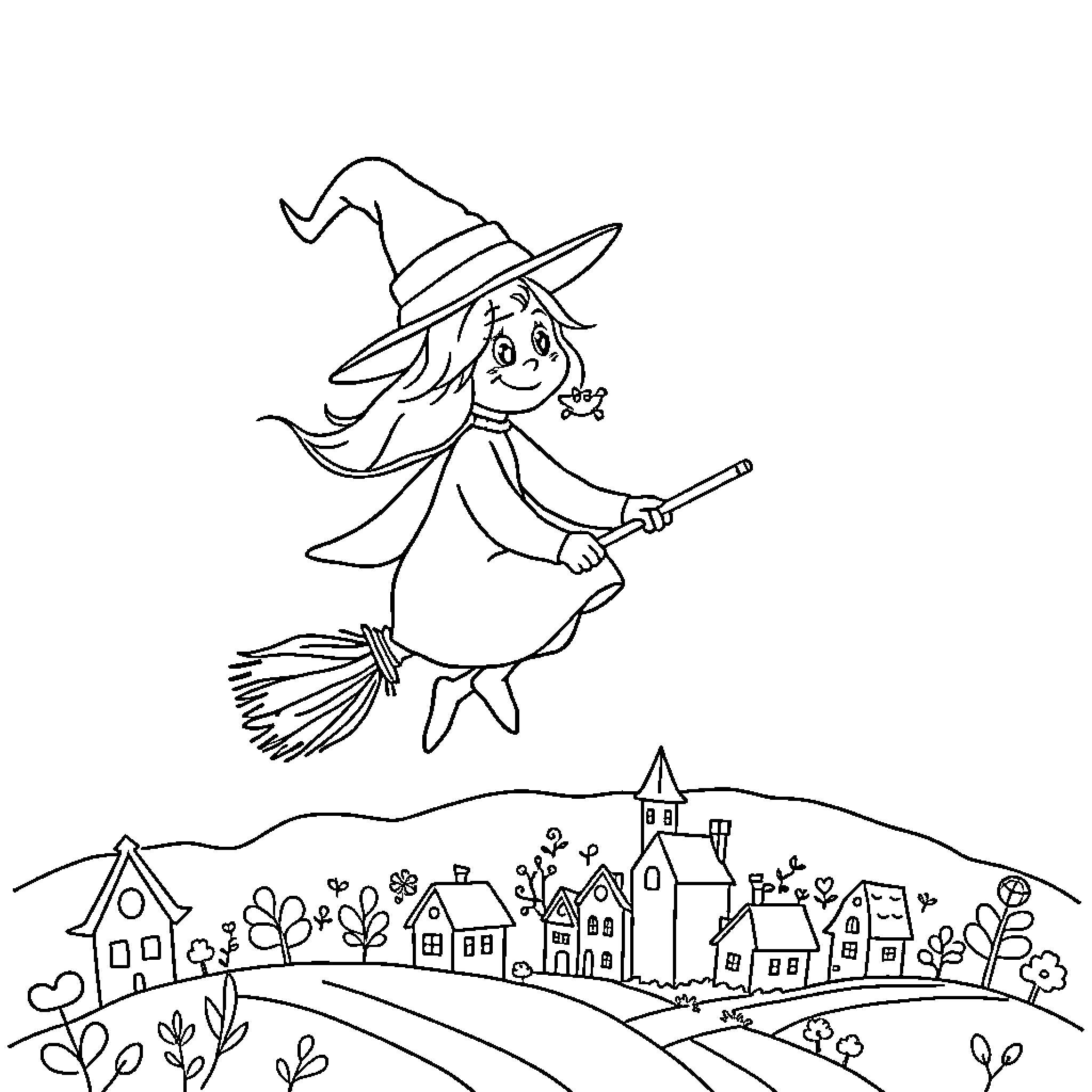 Witch flying on broomstick over village Coloring Page (free black-and-white line drawing printable PDF for all, from beginners to advanced learners, including children, teens, adults, and seniors)