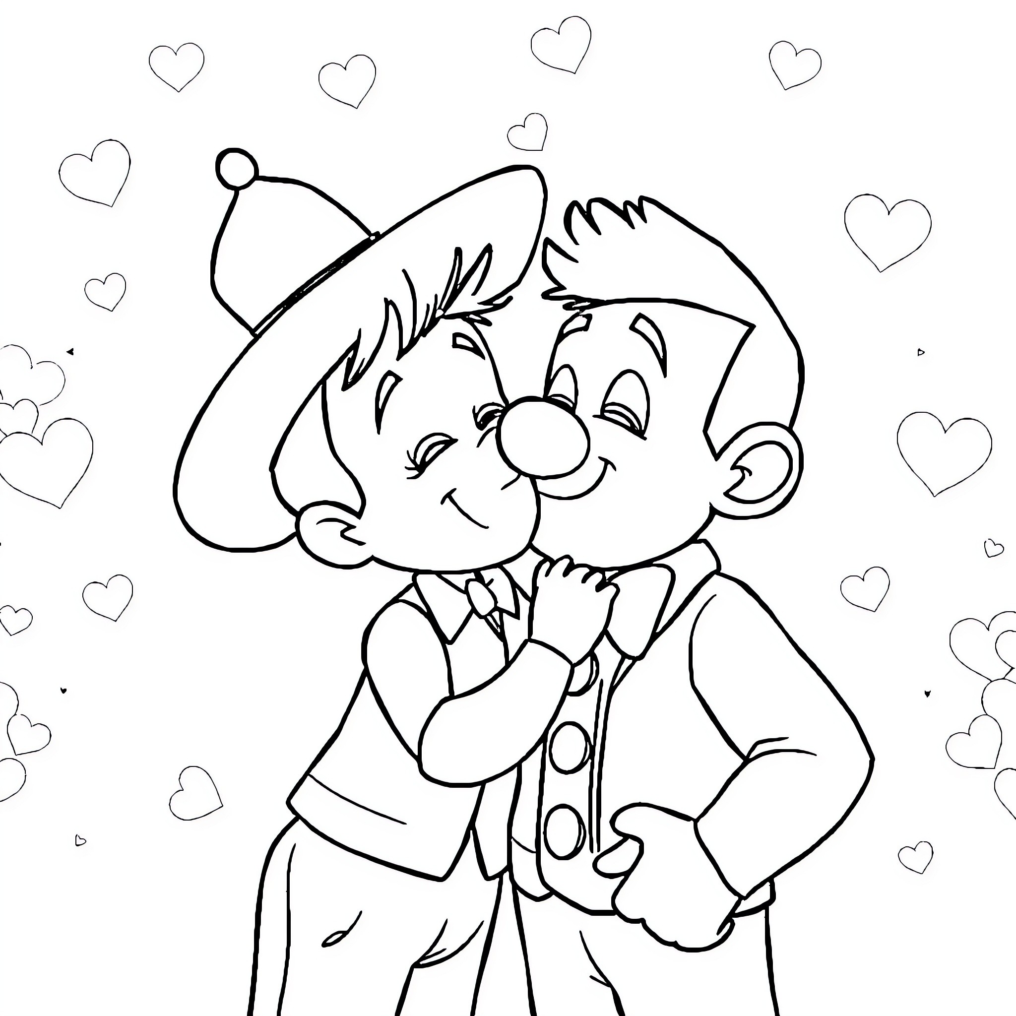 Patricio the Charming Clown Coloring Page (free black-and-white line drawing printable PDF for all, from beginners to advanced learners, including children, teens, adults, and seniors)