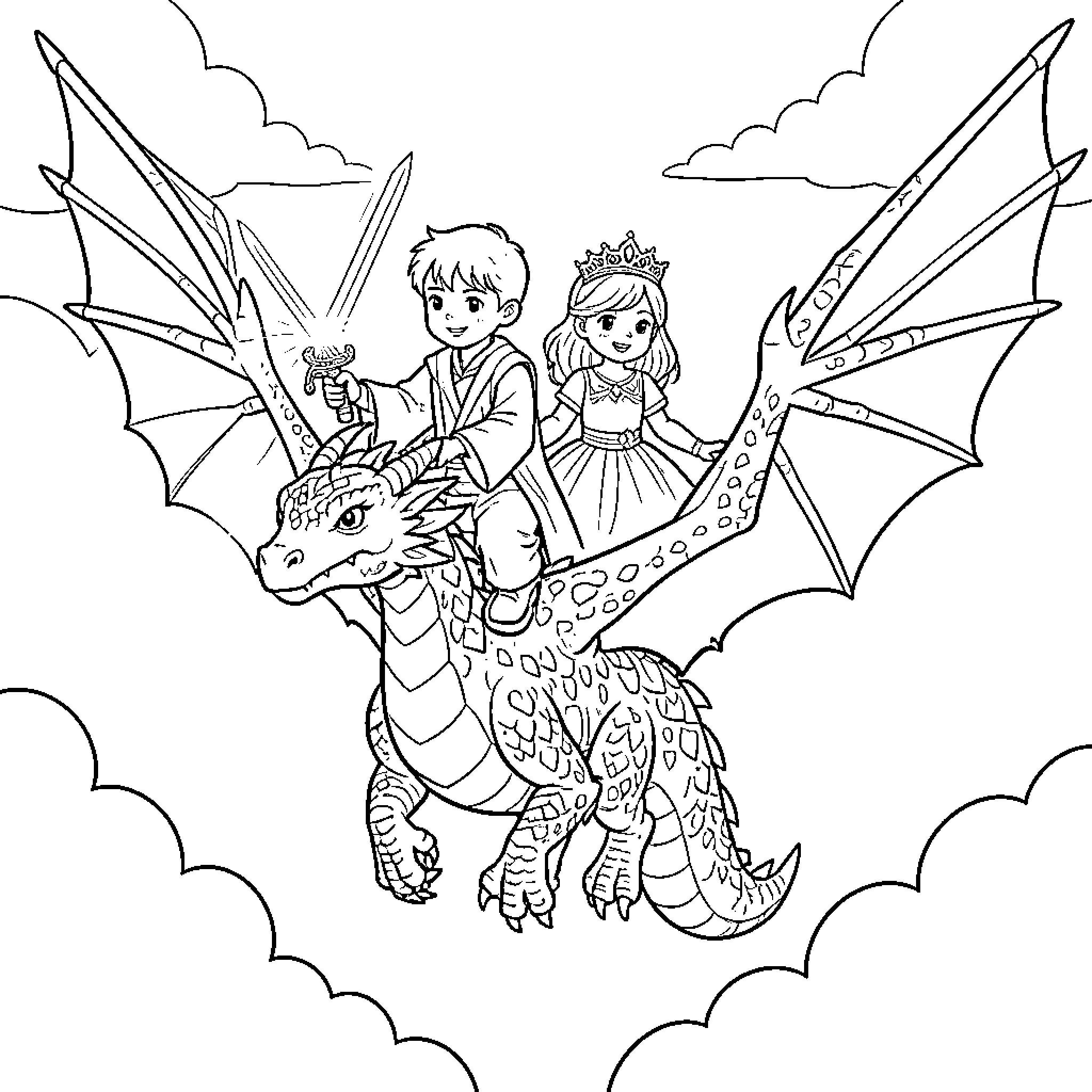 Dragon carrying prince and princess in the sky Coloring Page (free black-and-white line drawing printable PDF for all, from beginners to advanced learners, including children, teens, adults, and seniors)