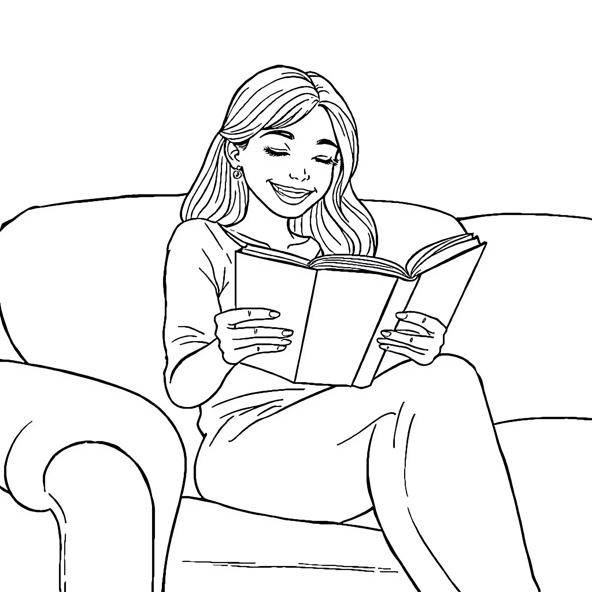 Girl reading a book comfortably on the couch Coloring Page (free black-and-white line drawing printable PDF for all, from beginners to advanced learners, including children, teens, adults, and seniors)