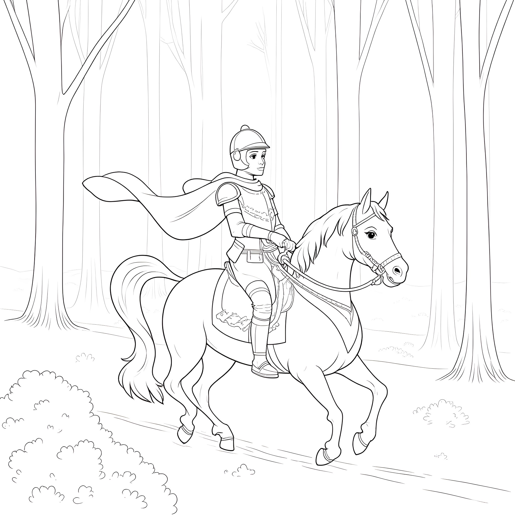 Knight Rider Riding a Majestic Horse in the Forest Coloring Page (free black-and-white line drawing printable PDF for all, from beginners to advanced learners, including children, teens, adults, and seniors)