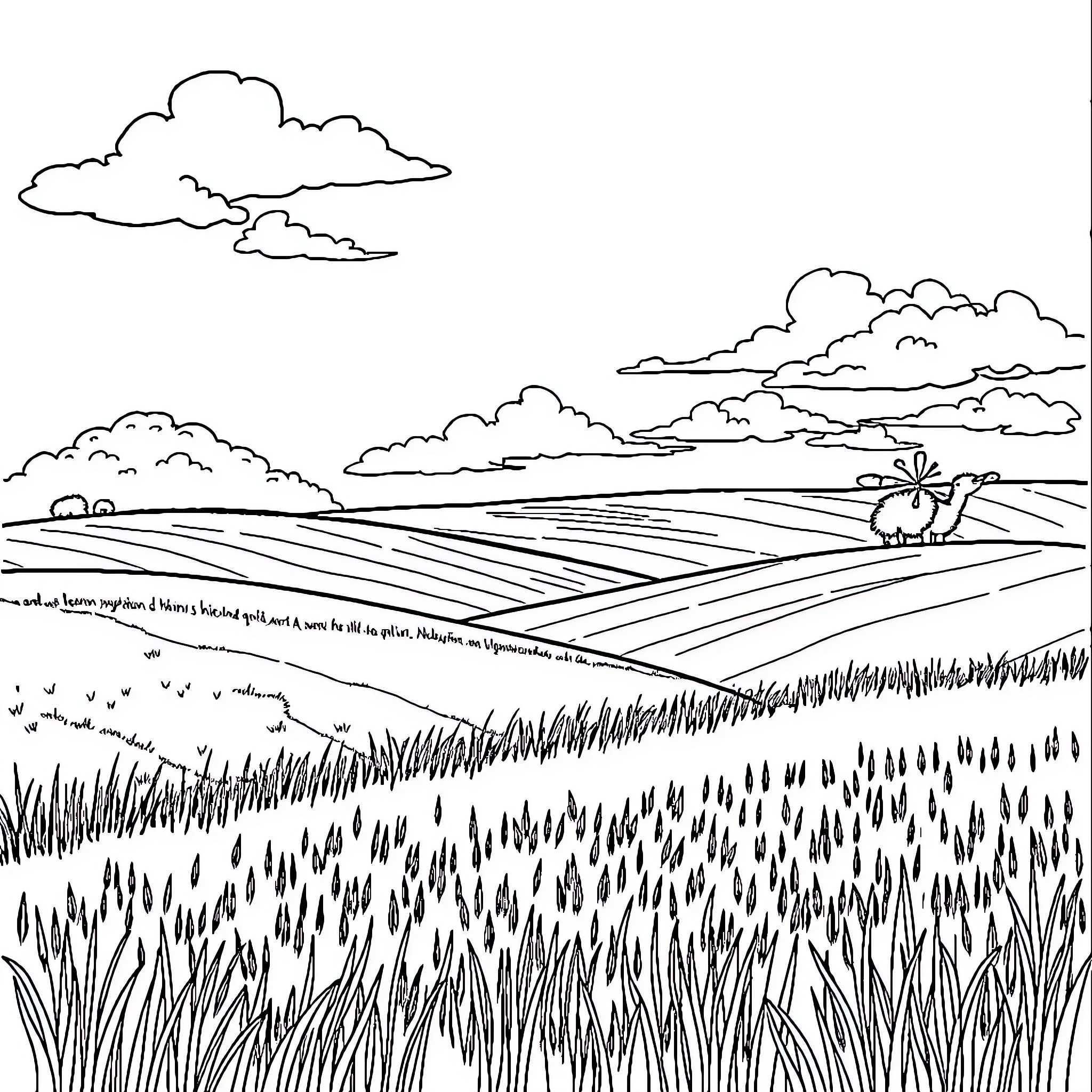 Country landscape with clouds and grassy field Coloring Page (free black-and-white line drawing printable PDF for all, from beginners to advanced learners, including children, teens, adults, and seniors)