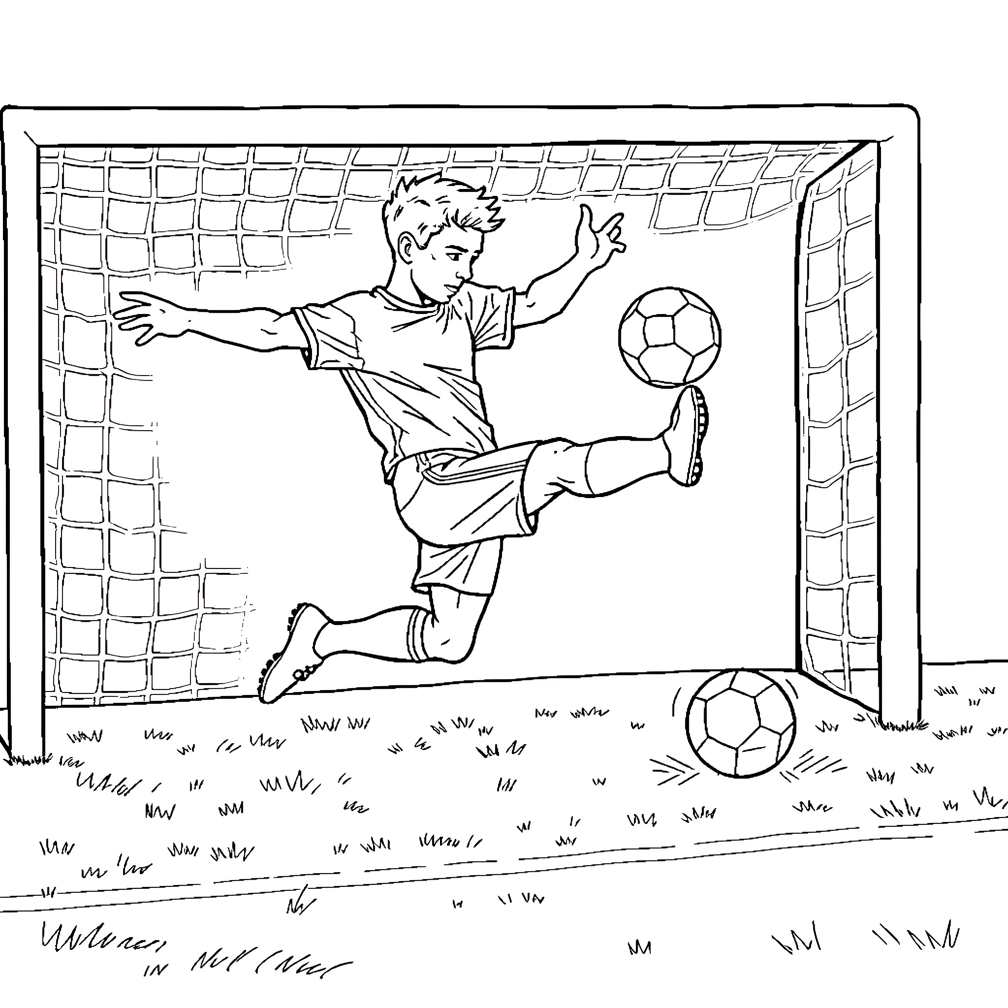 Footballer scoring a goal in front of the net Coloring Page (free black-and-white line drawing printable PDF for all, from beginners to advanced learners, including children, teens, adults, and seniors)