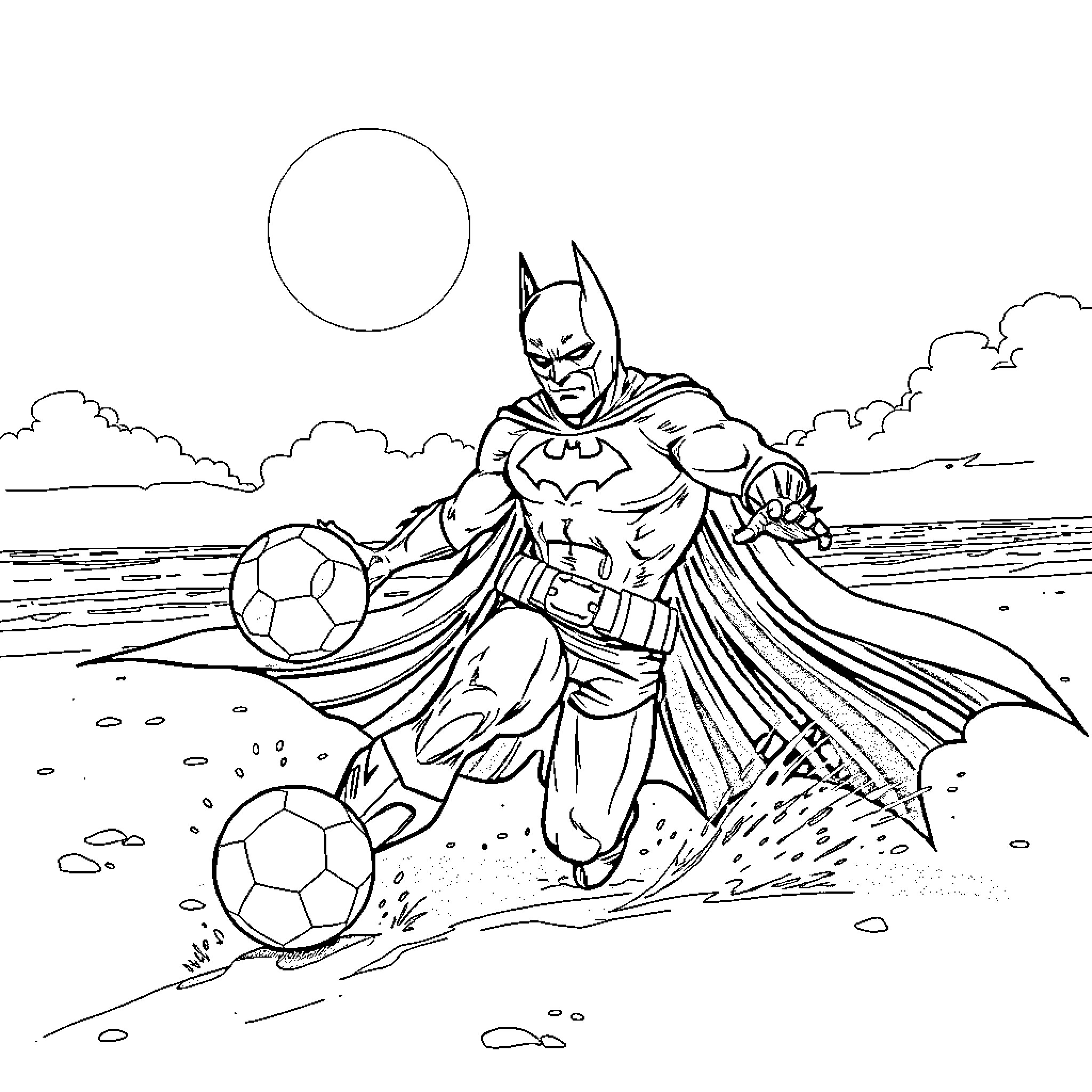 Batman playing with soccer balls on the beach Coloring Page (free black-and-white line drawing printable PDF for all, from beginners to advanced learners, including children, teens, adults, and seniors)