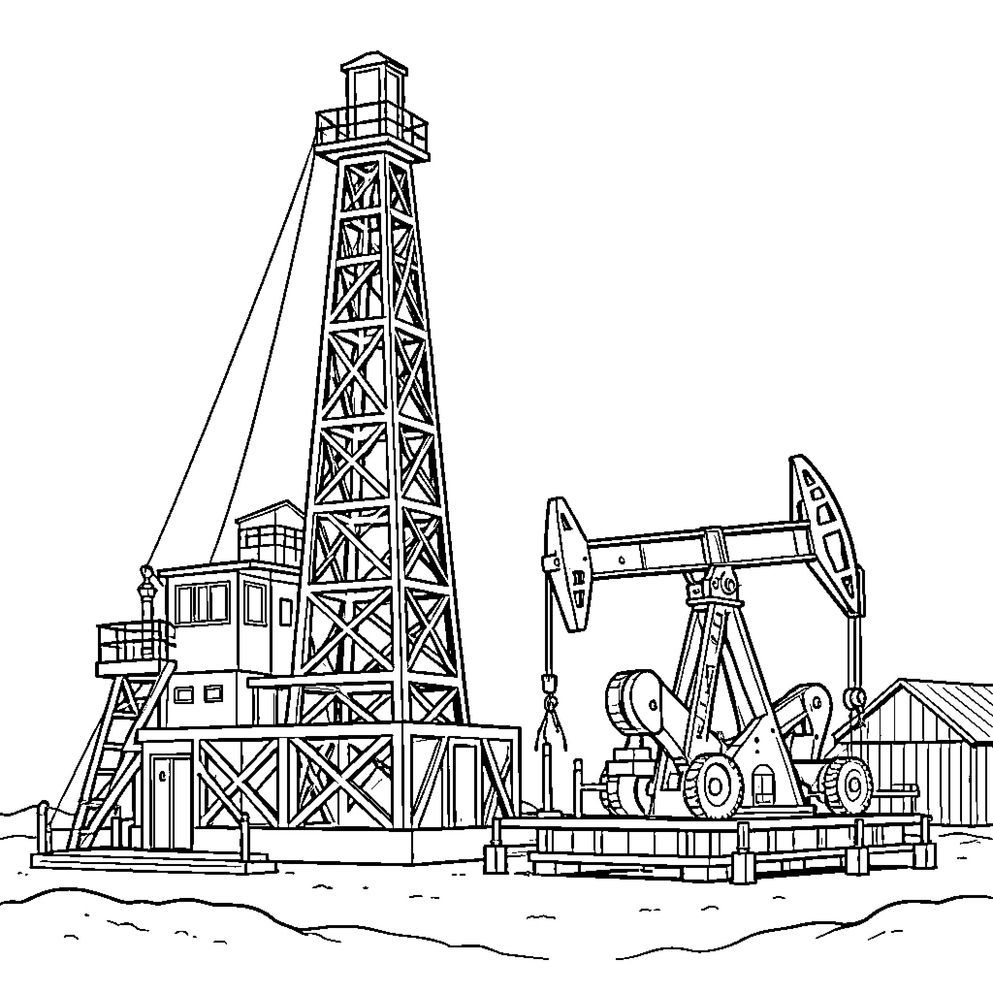 Oilfield machinery operating at an industrial site Coloring Page (free black-and-white line drawing printable PDF for all, from beginners to advanced learners, including children, teens, adults, and seniors)