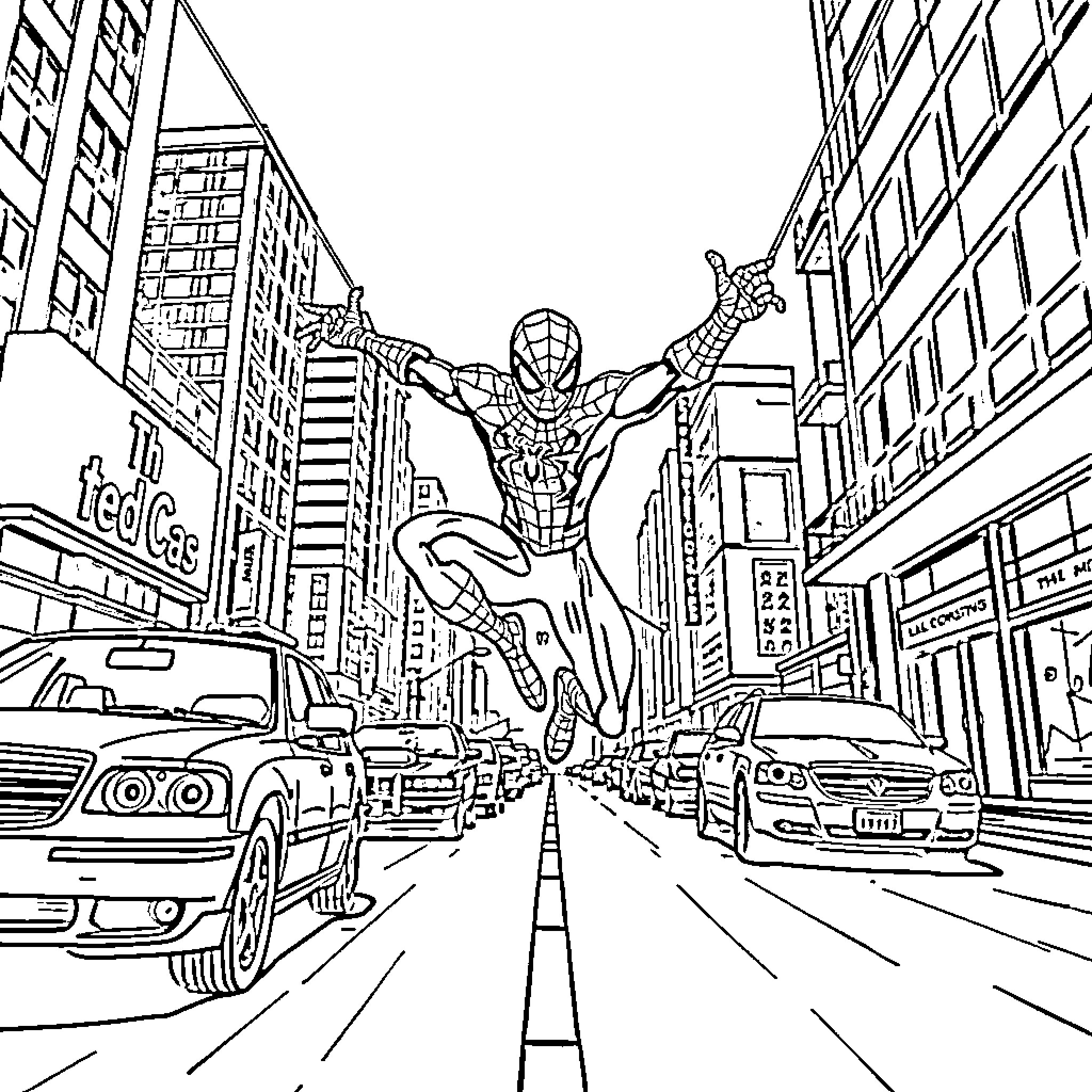 Spiderman swinging through the city streets Coloring Page (free black-and-white line drawing printable PDF for all, from beginners to advanced learners, including children, teens, adults, and seniors)