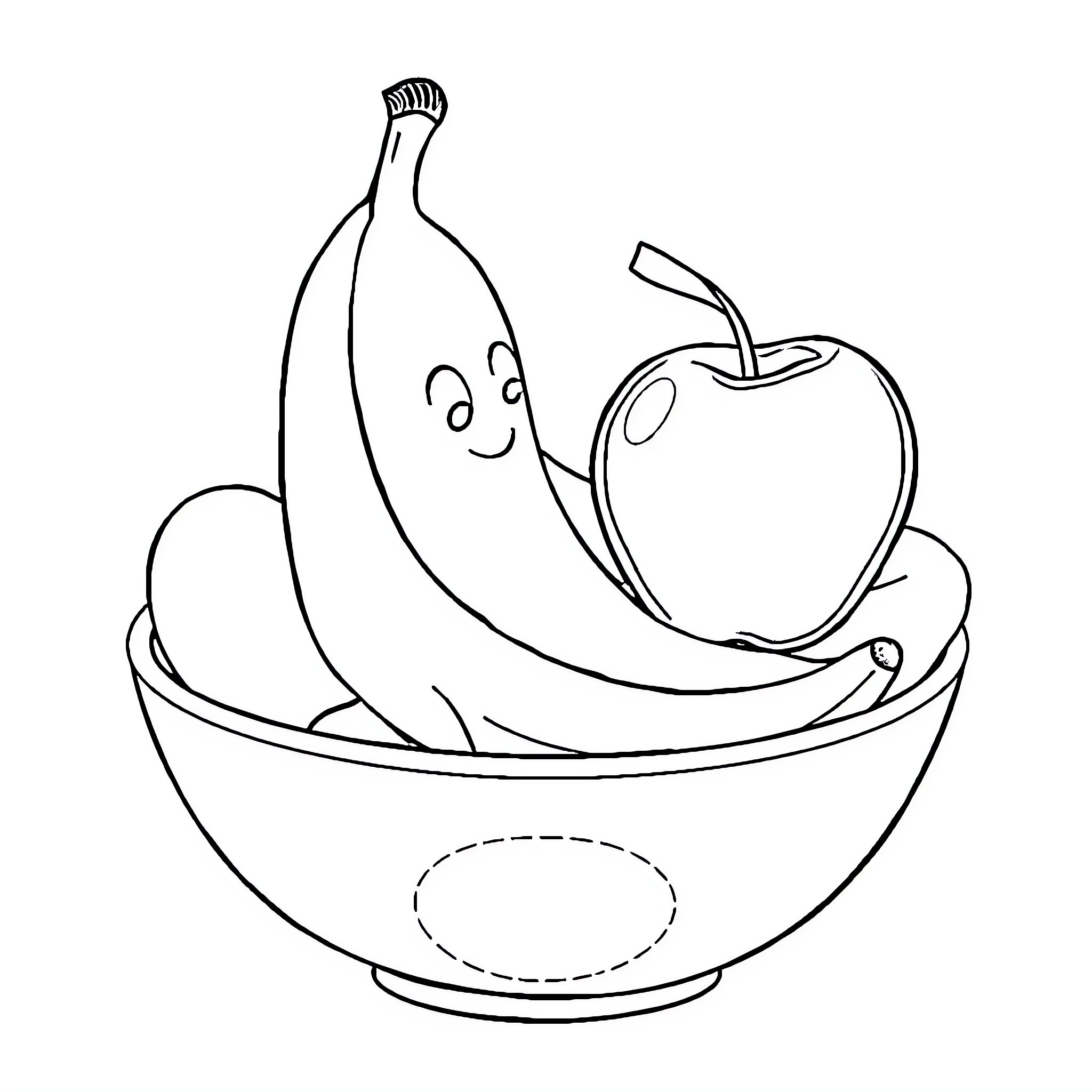 Fruit bowl with happy cartoon produce Coloring Page (free black-and-white line drawing printable PDF for all, from beginners to advanced learners, including children, teens, adults, and seniors)