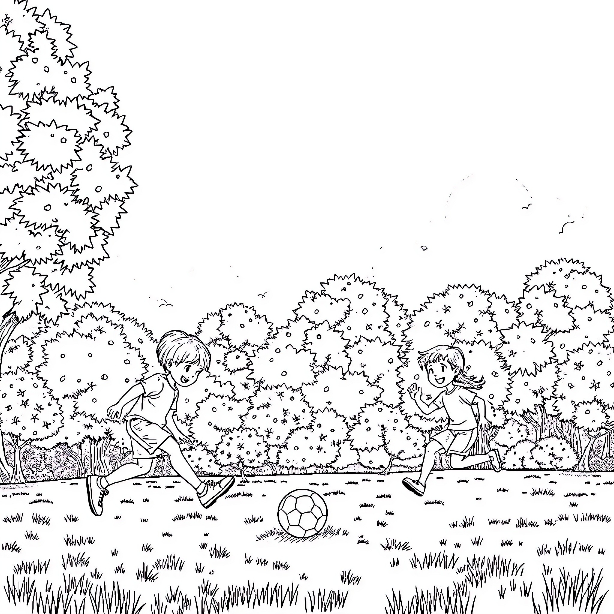 Children playing soccer in the park Coloring Page (free black-and-white line drawing printable PDF for all, from beginners to advanced learners, including children, teens, adults, and seniors)