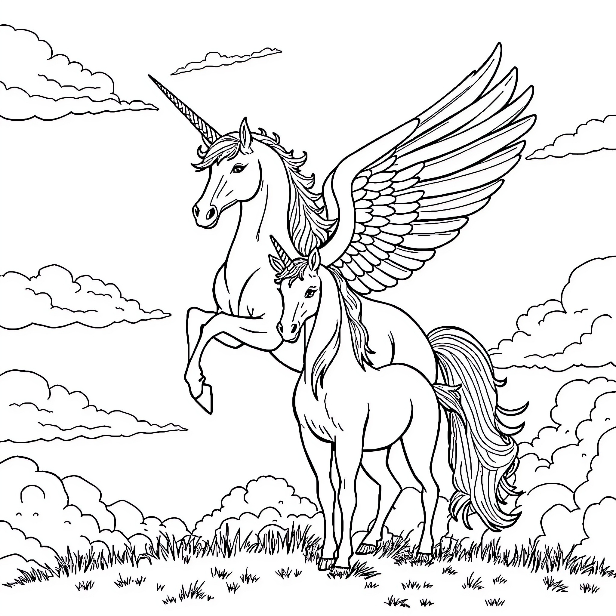 Pegasus soaring through the cloudy sky Coloring Page (free black-and-white line drawing printable PDF for all, from beginners to advanced learners, including children, teens, adults, and seniors)