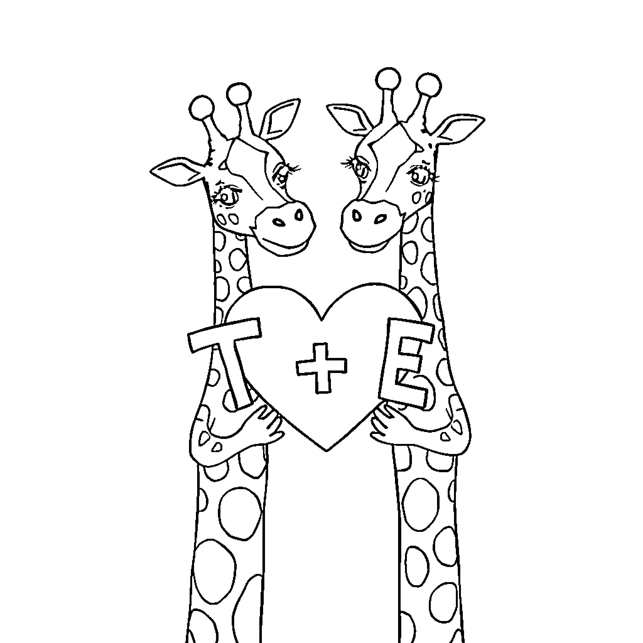 Giraffe pair holding a heart-shaped cross Coloring Page (free black-and-white line drawing printable PDF for all, from beginners to advanced learners, including children, teens, adults, and seniors)