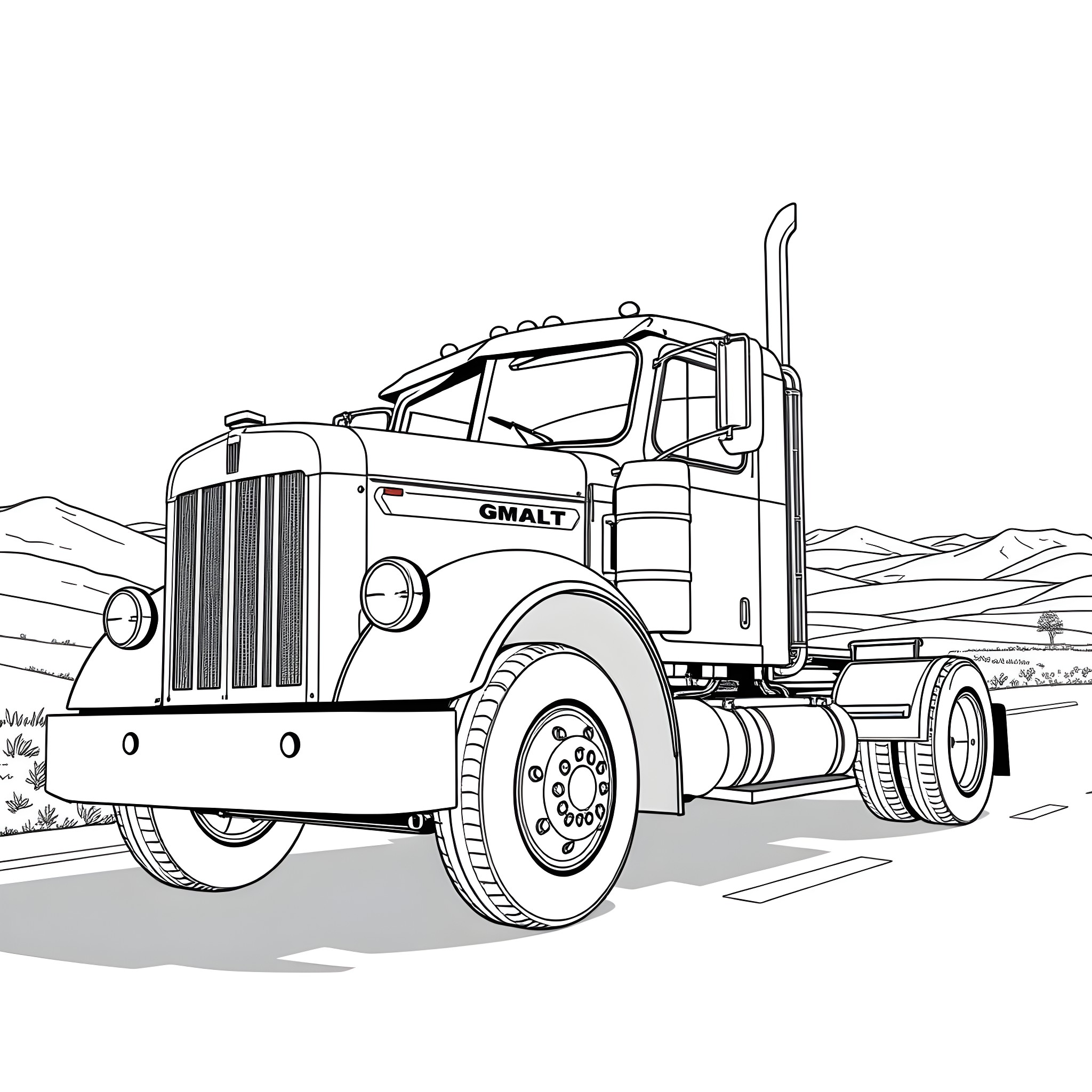 Truck driving on the open road Coloring Page (free black-and-white line drawing printable PDF for all, from beginners to advanced learners, including children, teens, adults, and seniors)