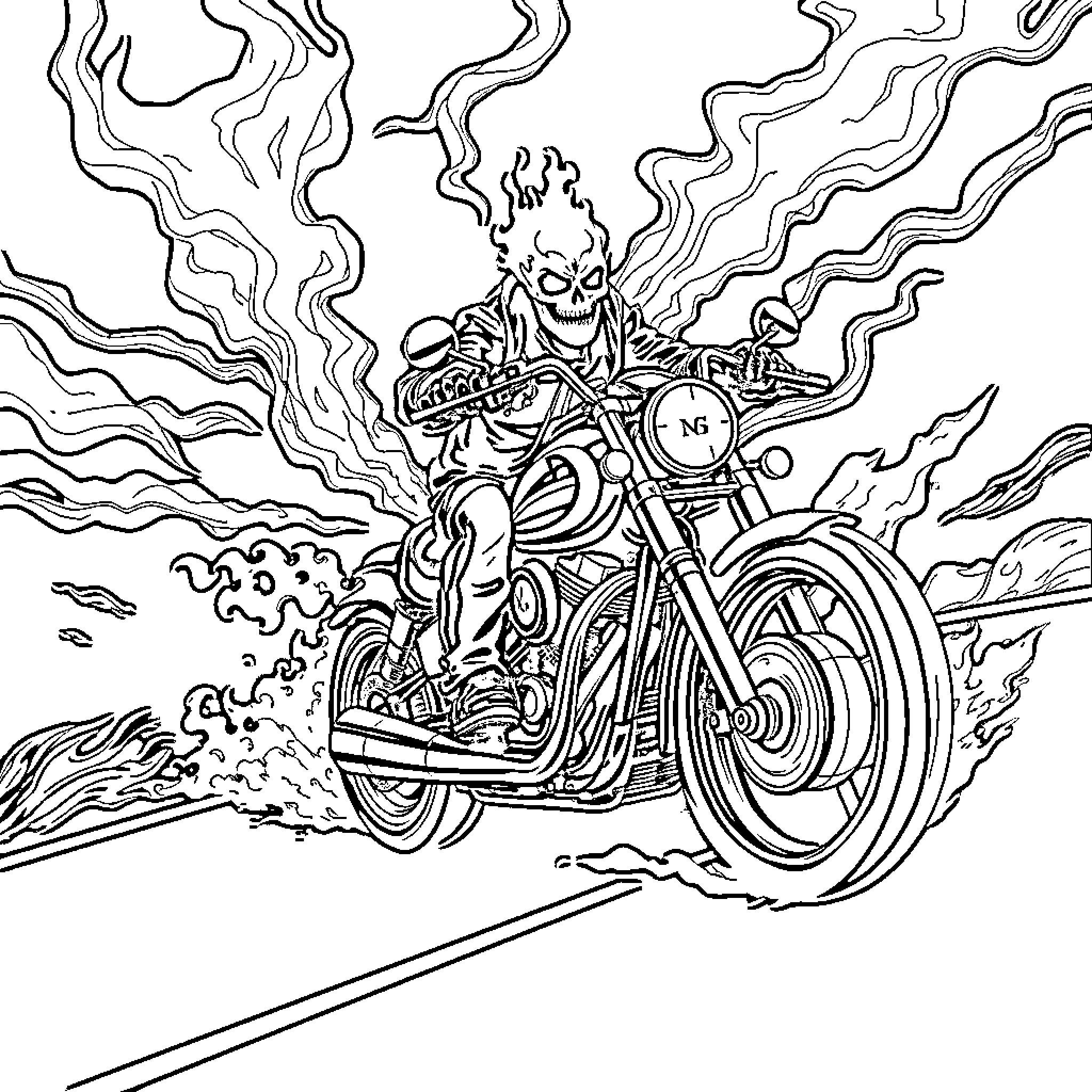 Ghost Rider riding motorcycle in flames Coloring Page (free black-and-white line drawing printable PDF for all, from beginners to advanced learners, including children, teens, adults, and seniors)