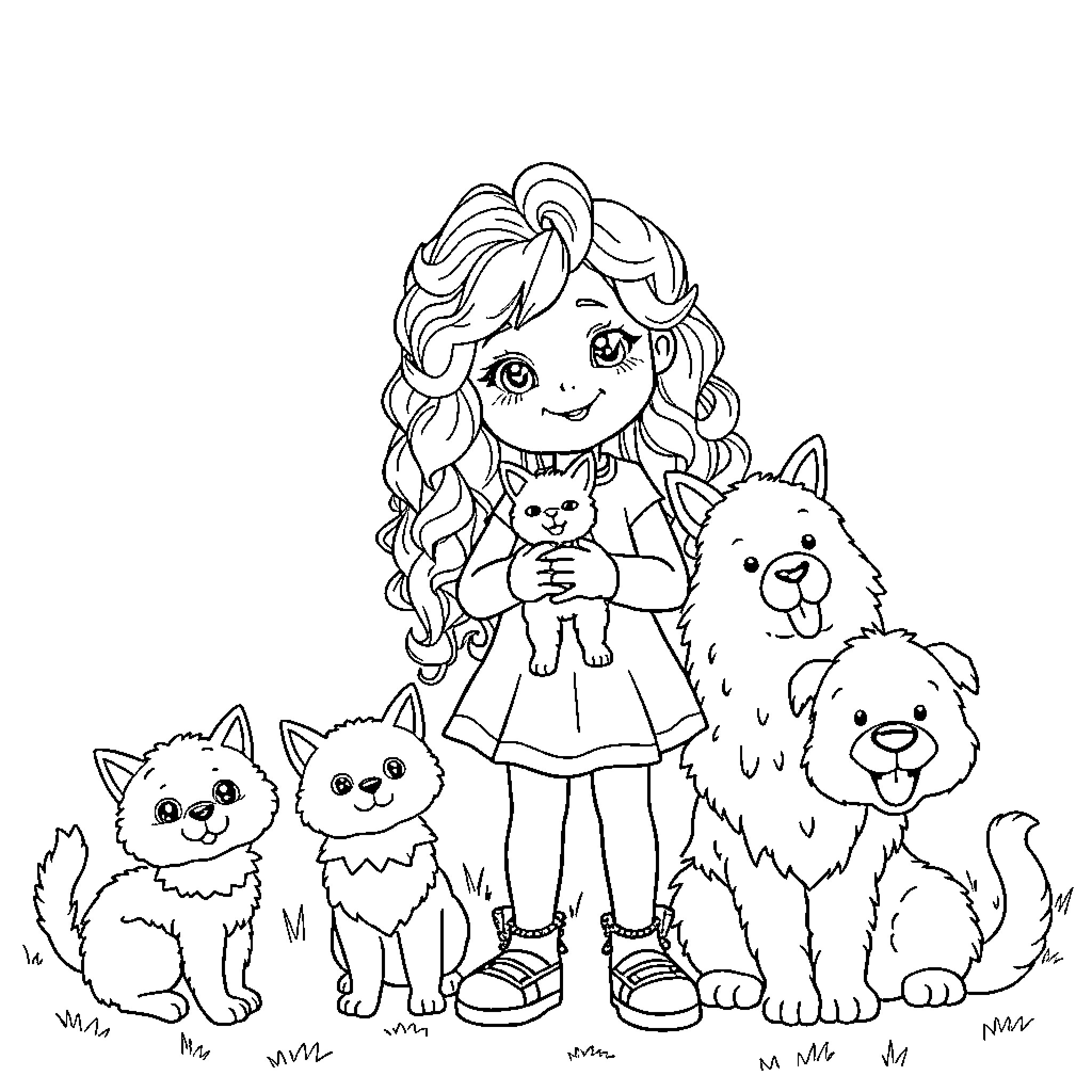 Girl with Curly Hair and Her Furry Friends Coloring Page (free black-and-white line drawing printable PDF for all, from beginners to advanced learners, including children, teens, adults, and seniors)