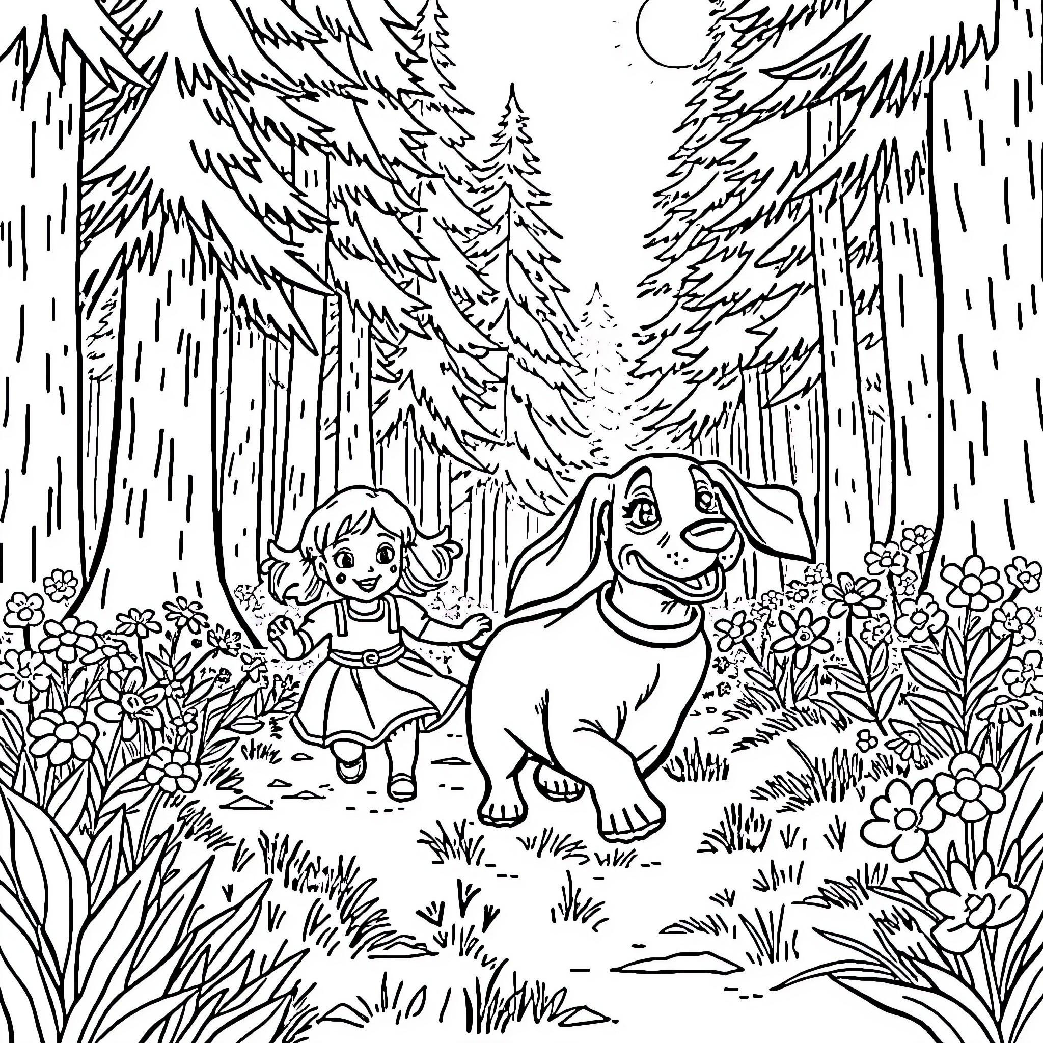 Dachshund happily exploring the forest with a young girl Coloring Page (free black-and-white line drawing printable PDF for all, from beginners to advanced learners, including children, teens, adults, and seniors)