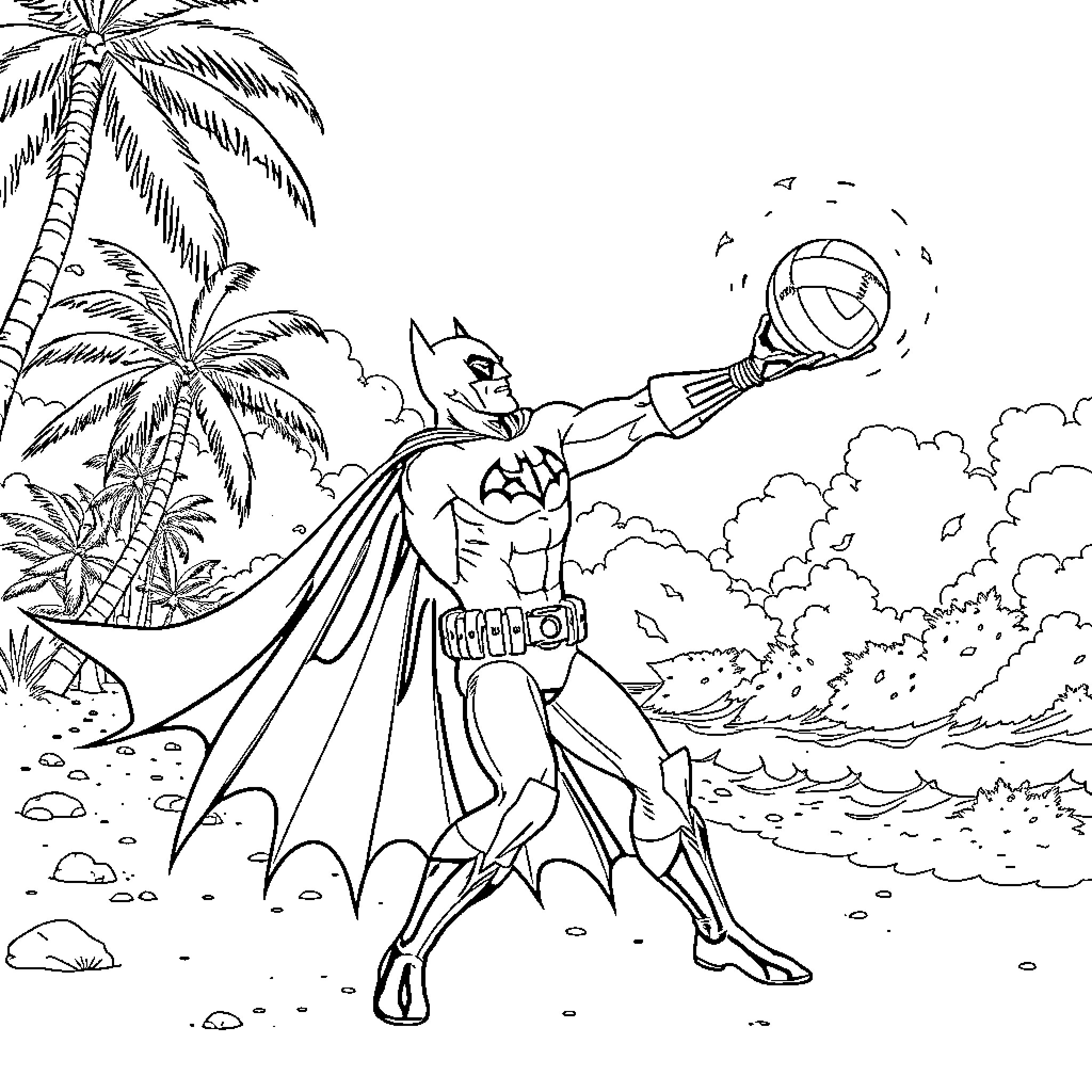 Batman battling villains on a tropical beach Coloring Page (free black-and-white line drawing printable PDF for all, from beginners to advanced learners, including children, teens, adults, and seniors)