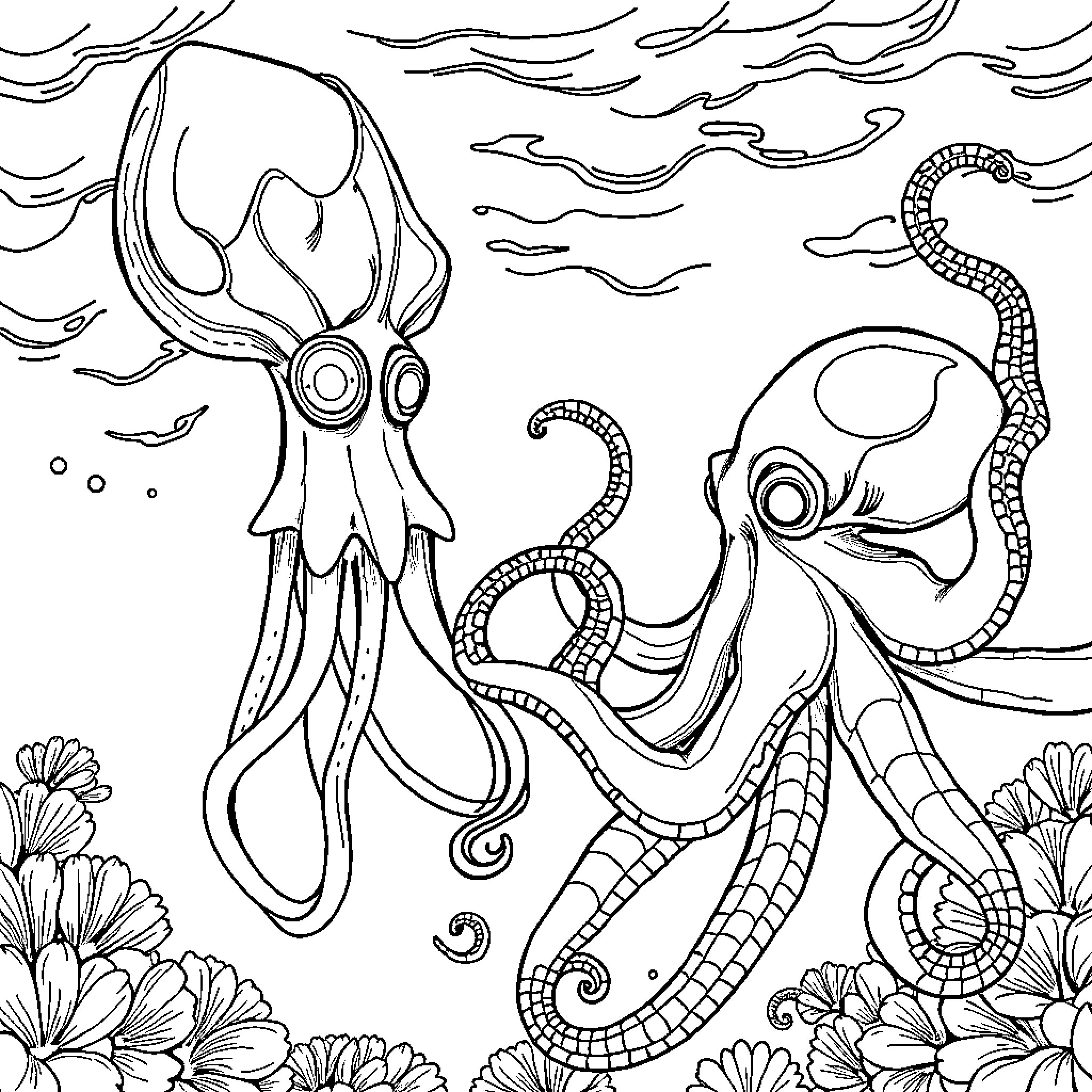 Squid creatures swimming in the ocean Coloring Page (free black-and-white line drawing printable PDF for all, from beginners to advanced learners, including children, teens, adults, and seniors)