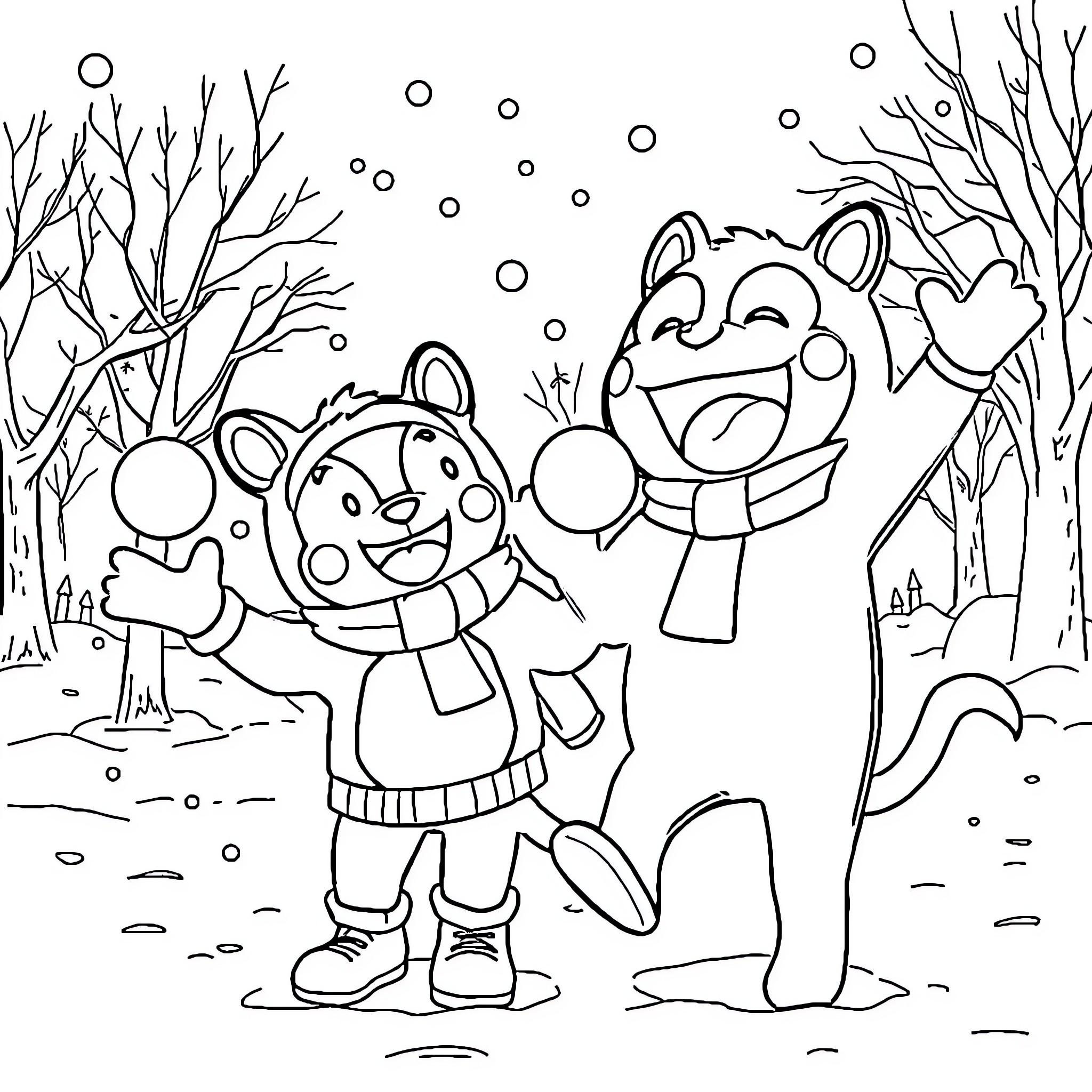 Shimon and friends enjoying a snowy day Coloring Page (free black-and-white line drawing printable PDF for all, from beginners to advanced learners, including children, teens, adults, and seniors)
