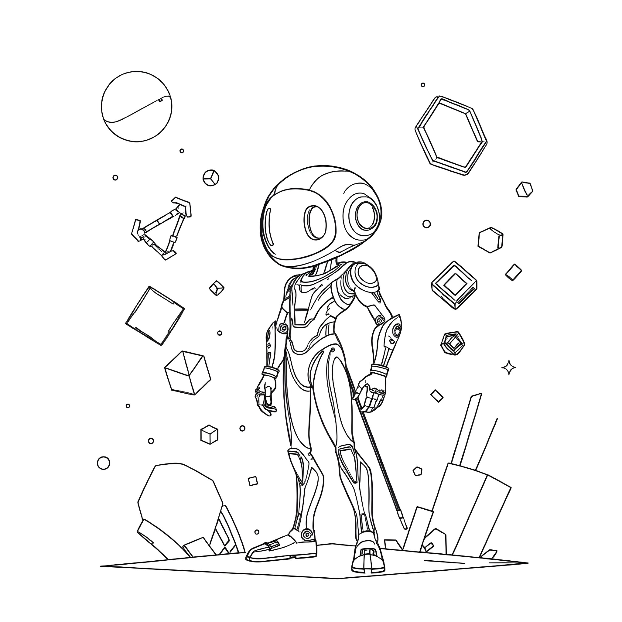 Aimep3 robot exploring geometric shapes Coloring Page (free black-and-white line drawing printable PDF for all, from beginners to advanced learners, including children, teens, adults, and seniors)