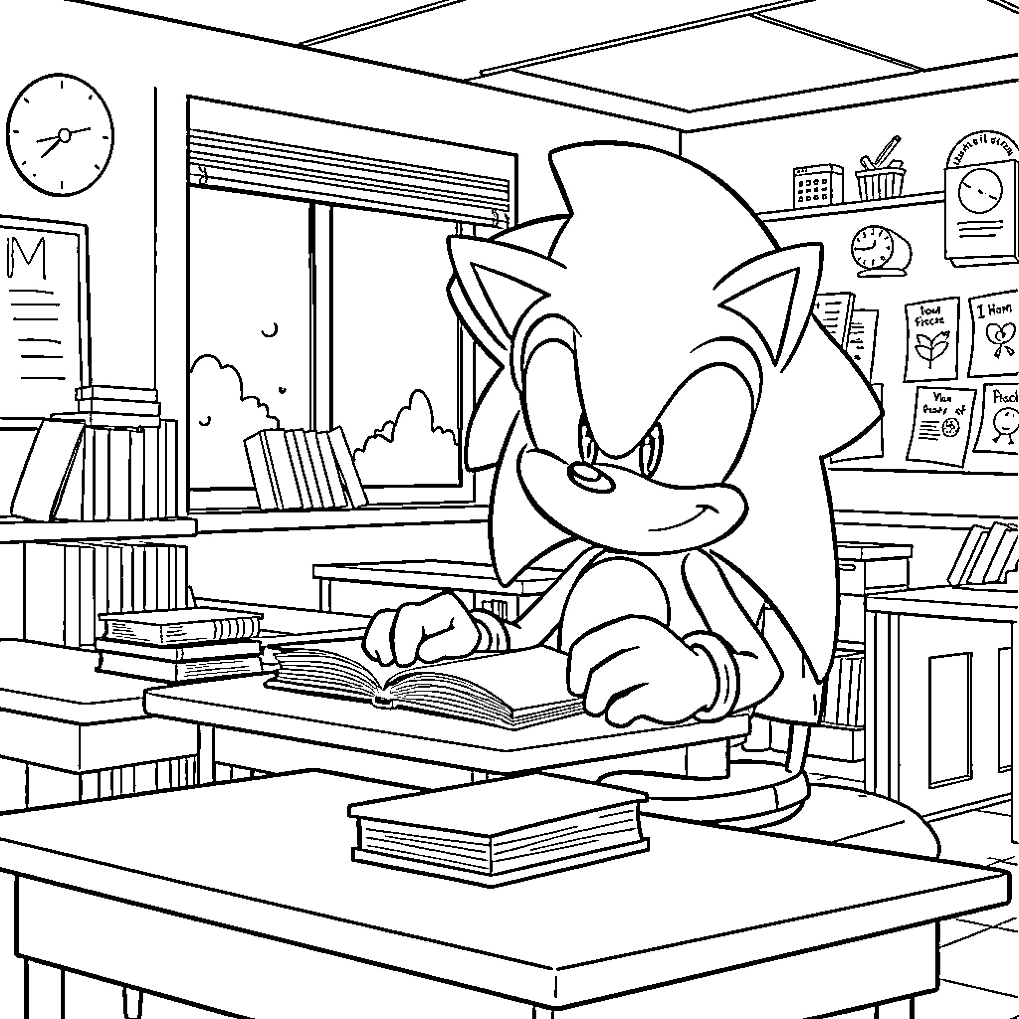 Sonic studying diligently in the library Coloring Page (free black-and-white line drawing printable PDF for all, from beginners to advanced learners, including children, teens, adults, and seniors)