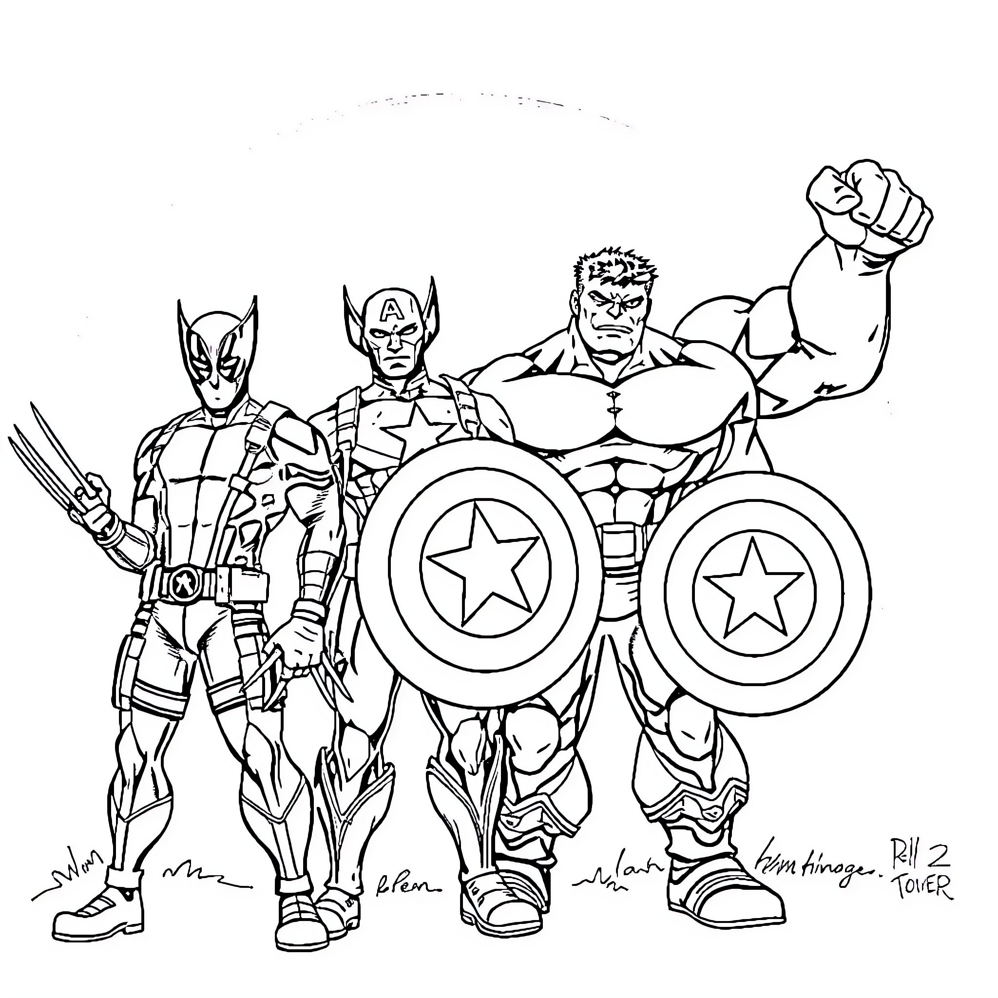 Superhero Team Showcasing Strength and Heroic Attire Coloring Page (free black-and-white line drawing printable PDF for all, from beginners to advanced learners, including children, teens, adults, and seniors)