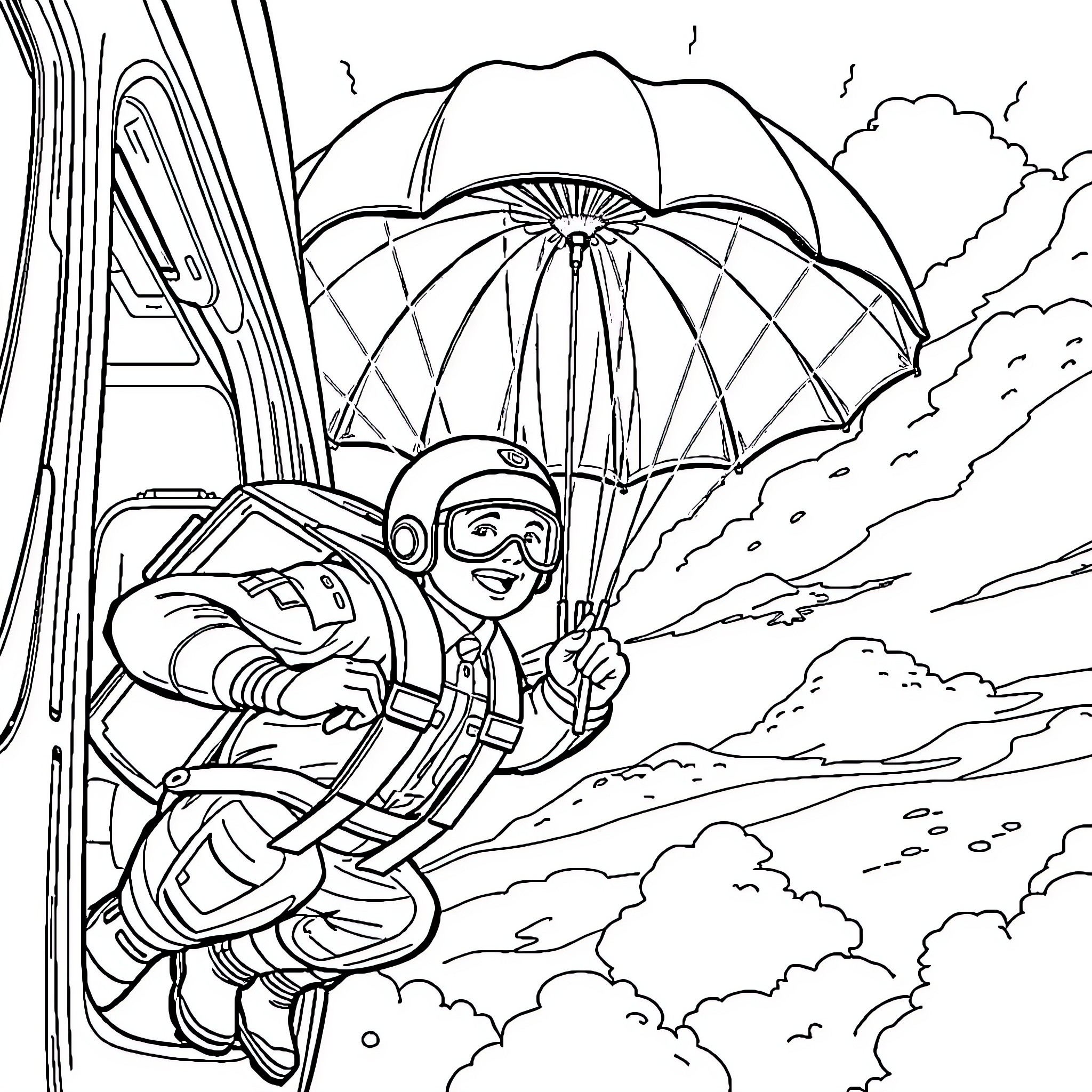 Chase through the Skies with Parachute Coloring Page (free black-and-white line drawing printable PDF for all, from beginners to advanced learners, including children, teens, adults, and seniors)