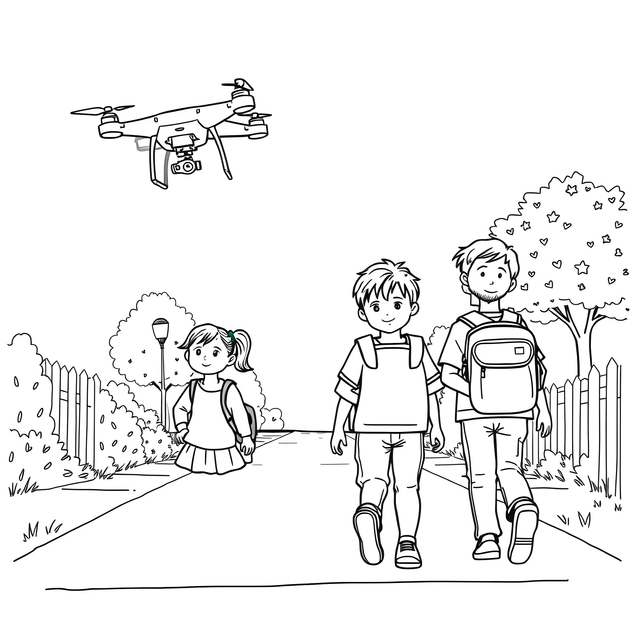 Child walking with friends on a path Coloring Page (free black-and-white line drawing printable PDF for all, from beginners to advanced learners, including children, teens, adults, and seniors)
