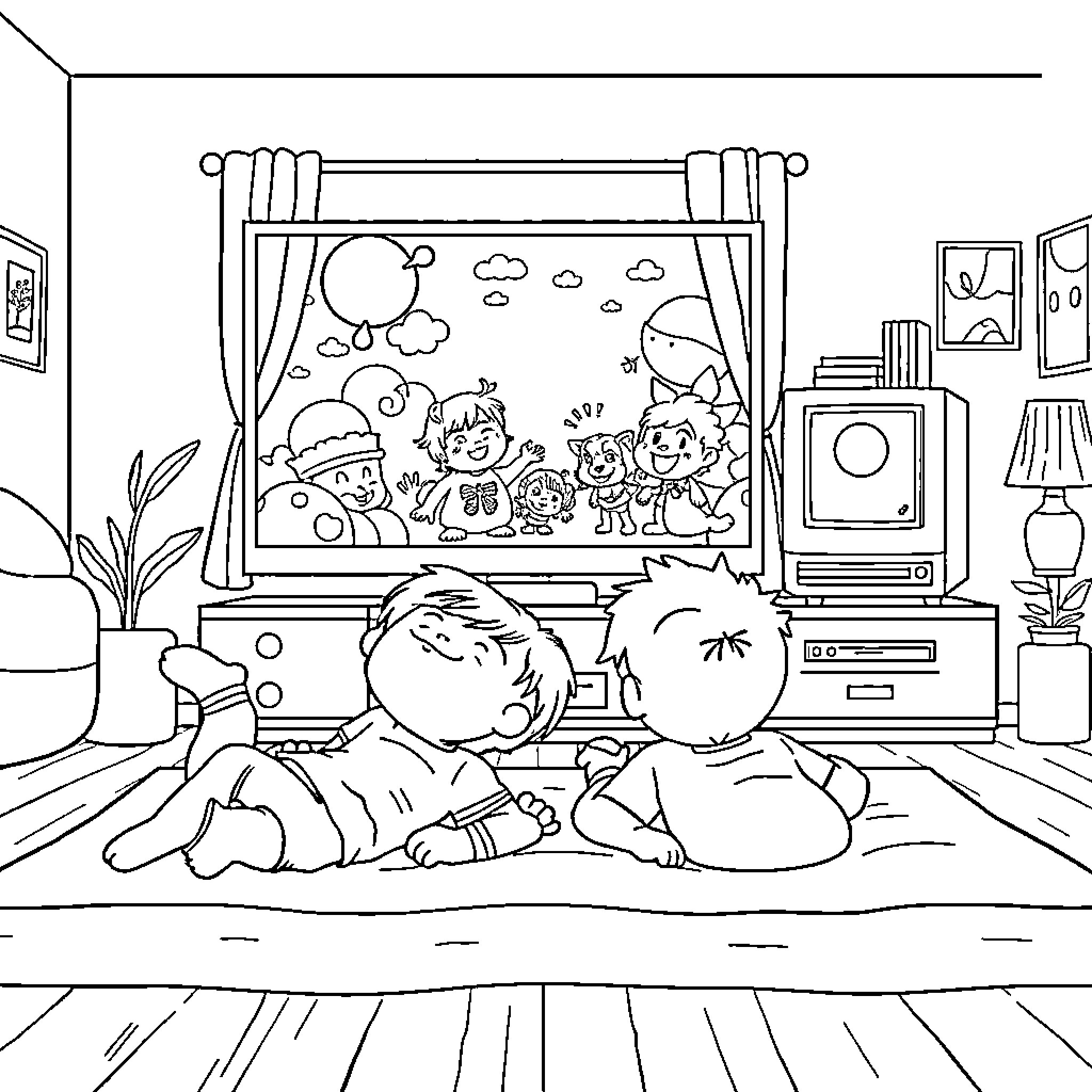 Siblings watching cartoons together on TV Coloring Page (free black-and-white line drawing printable PDF for all, from beginners to advanced learners, including children, teens, adults, and seniors)