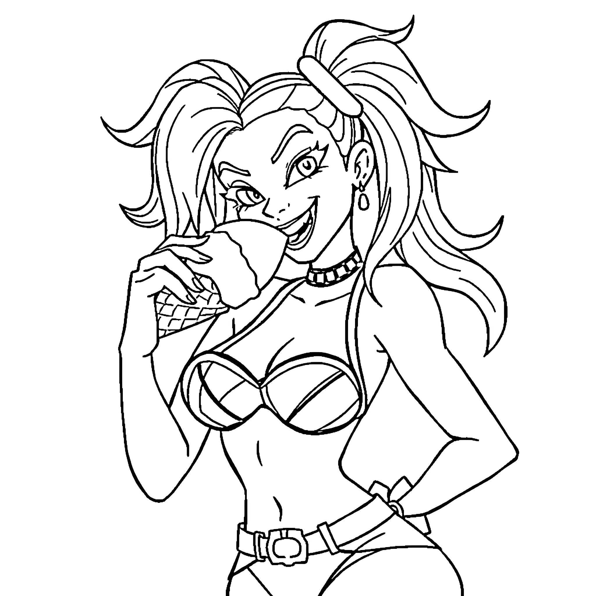 Jinx's Mischievous Expression and Attire Coloring Page (free black-and-white line drawing printable PDF for all, from beginners to advanced learners, including children, teens, adults, and seniors)