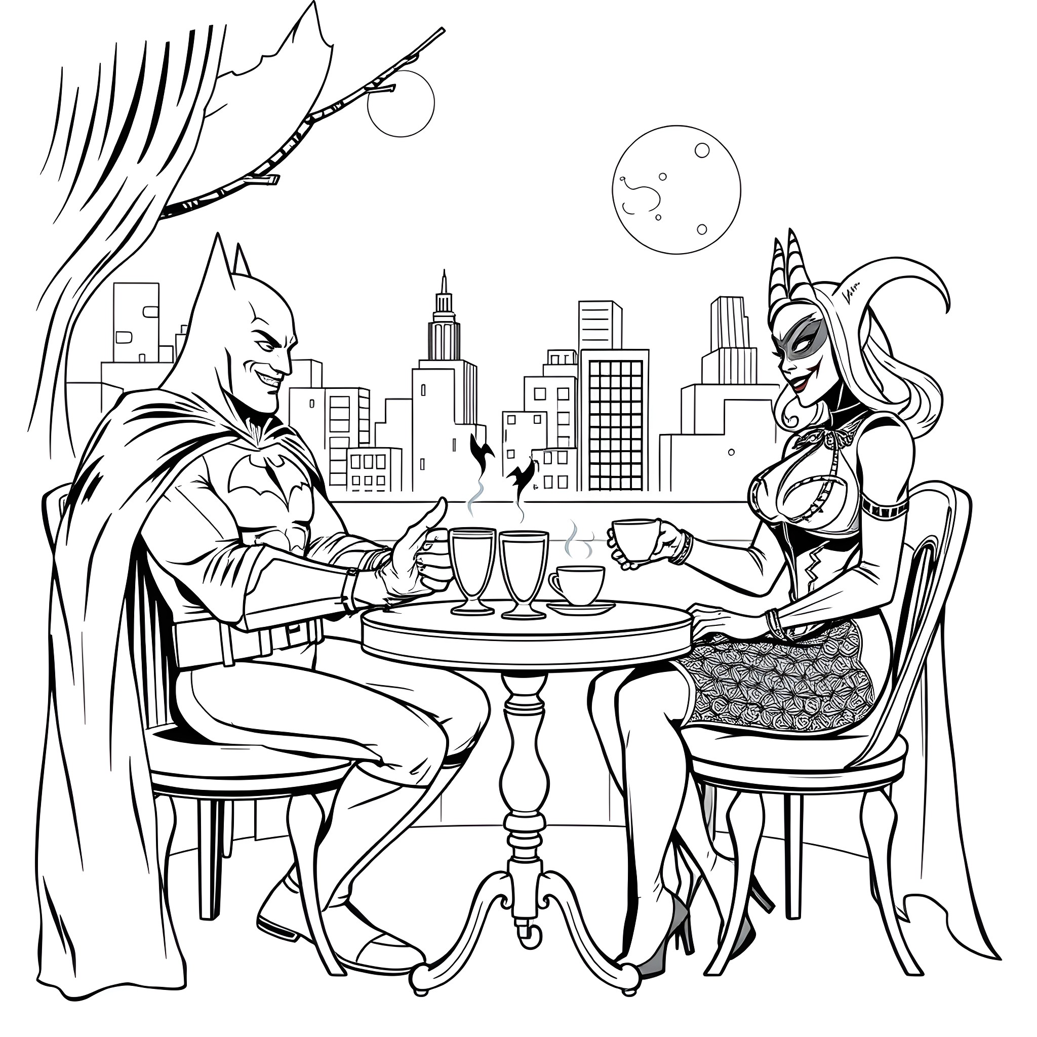 Batman and Villain Discussing Over Drinks in Cityscape Coloring Page (free black-and-white line drawing printable PDF for all, from beginners to advanced learners, including children, teens, adults, and seniors)