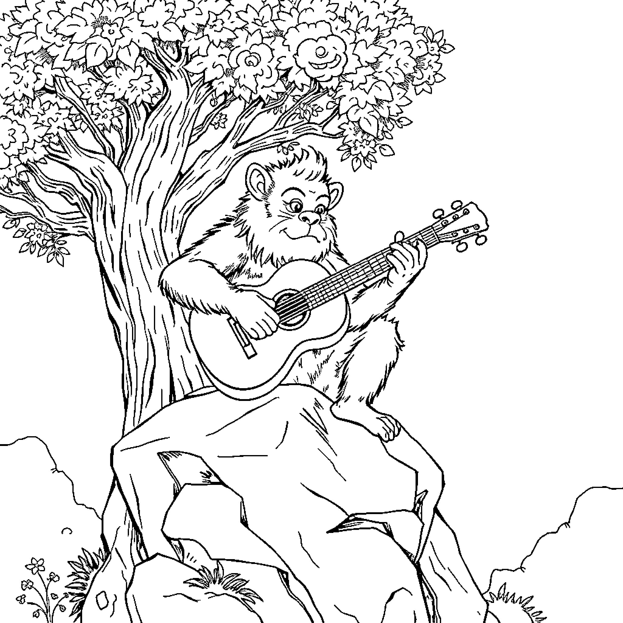 Monge playing guitar under the blooming tree Coloring Page (free black-and-white line drawing printable PDF for all, from beginners to advanced learners, including children, teens, adults, and seniors)