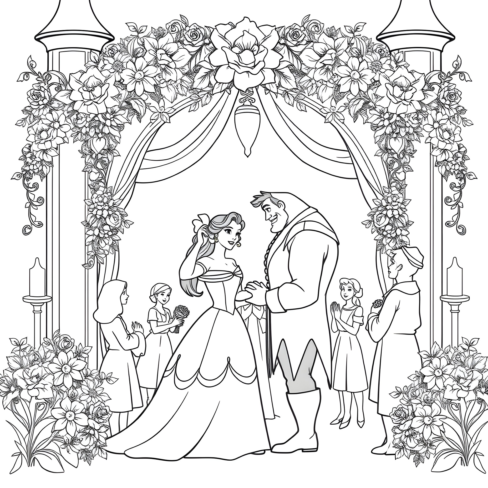Gastón's Romantic Wedding Scene with Elegant Floral Archway Coloring Page (free black-and-white line drawing printable PDF for all, from beginners to advanced learners, including children, teens, adults, and seniors)