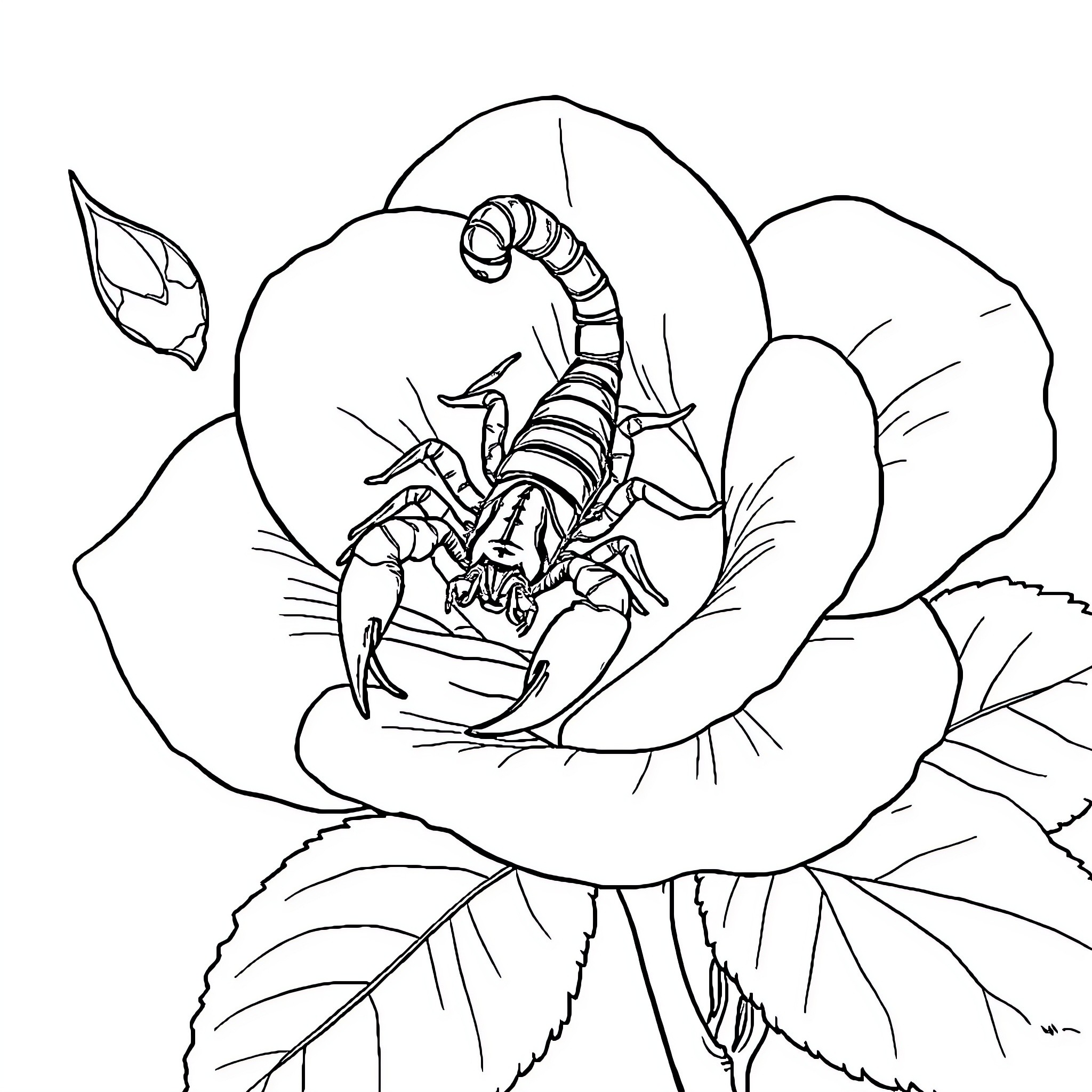 Scorpion resting on a flower Coloring Page (free black-and-white line drawing printable PDF for all, from beginners to advanced learners, including children, teens, adults, and seniors)