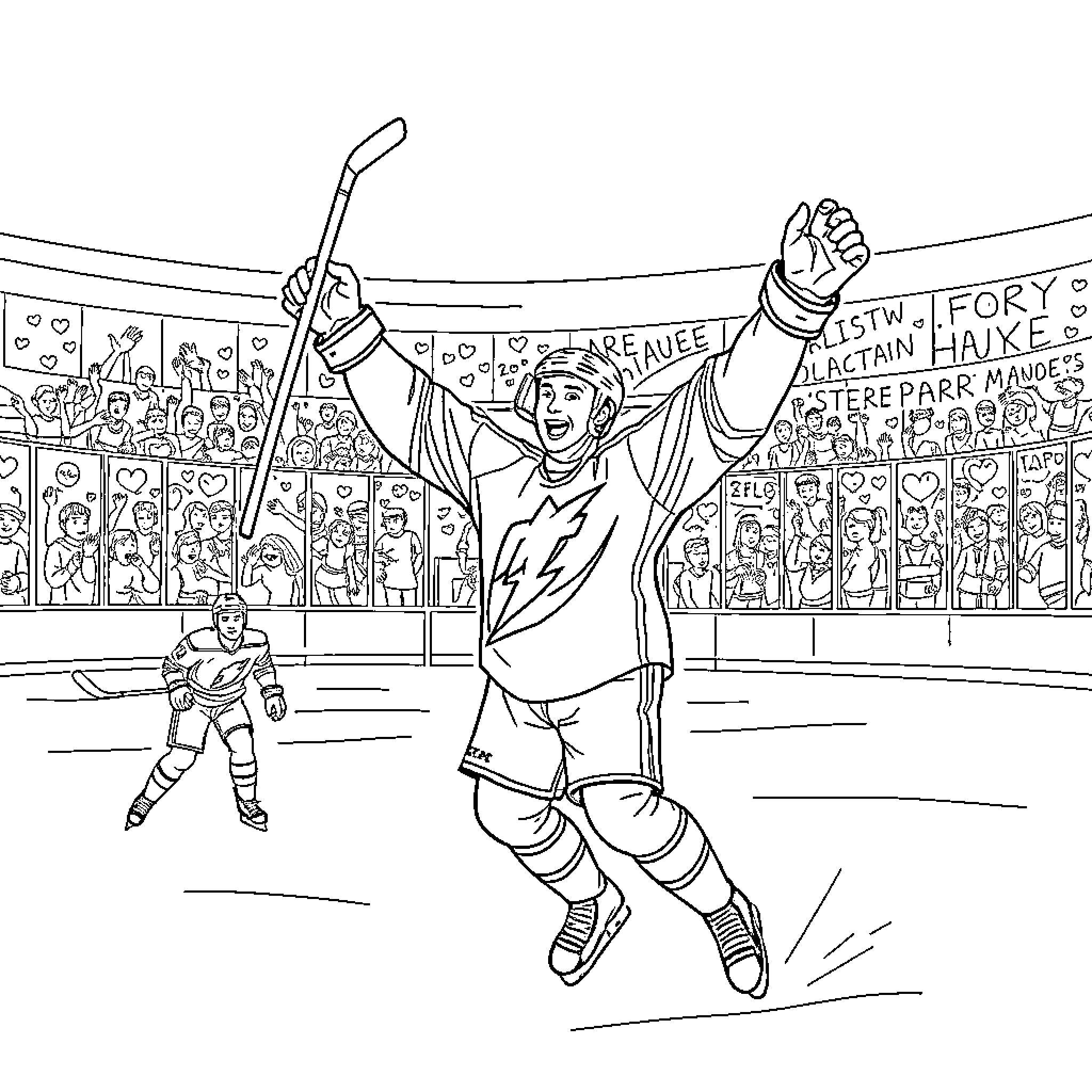 Quinn Hughes celebrating hockey victory in arena Coloring Page (free black-and-white line drawing printable PDF for all, from beginners to advanced learners, including children, teens, adults, and seniors)