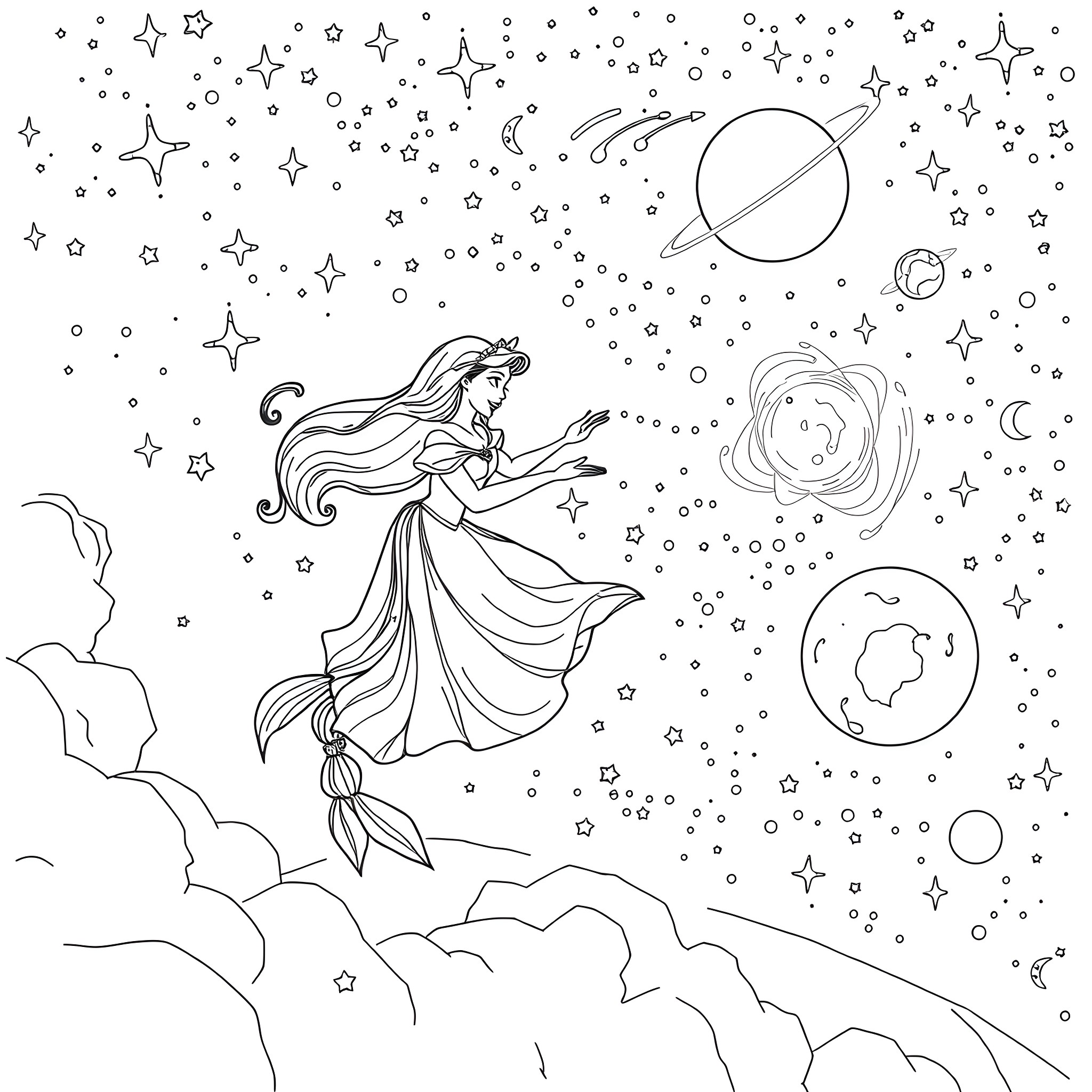 Princess Dancing Among the Stars Coloring Page (free black-and-white line drawing printable PDF for all, from beginners to advanced learners, including children, teens, adults, and seniors)