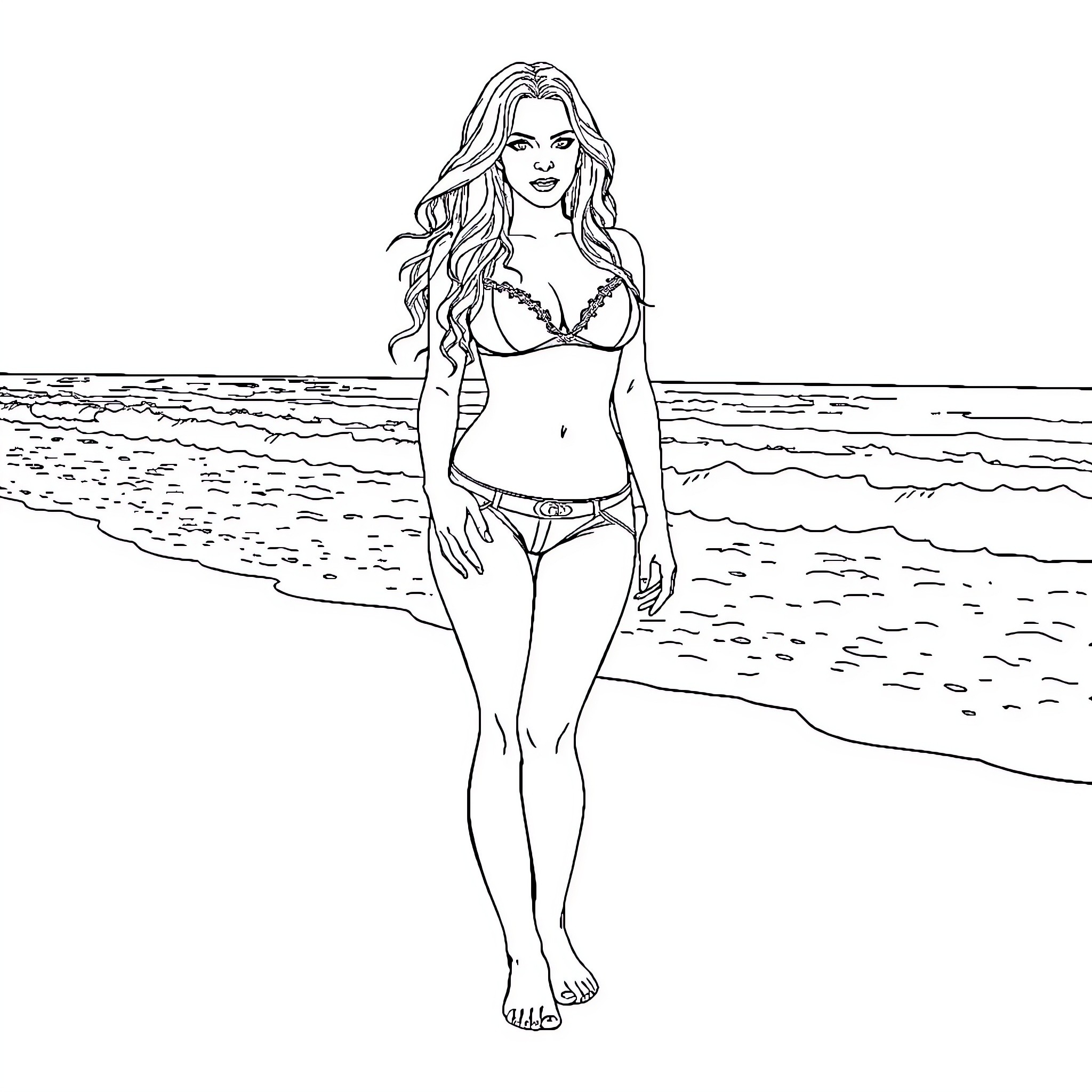 Britney Spears posing confidently on the beach Coloring Page (free black-and-white line drawing printable PDF for all, from beginners to advanced learners, including children, teens, adults, and seniors)