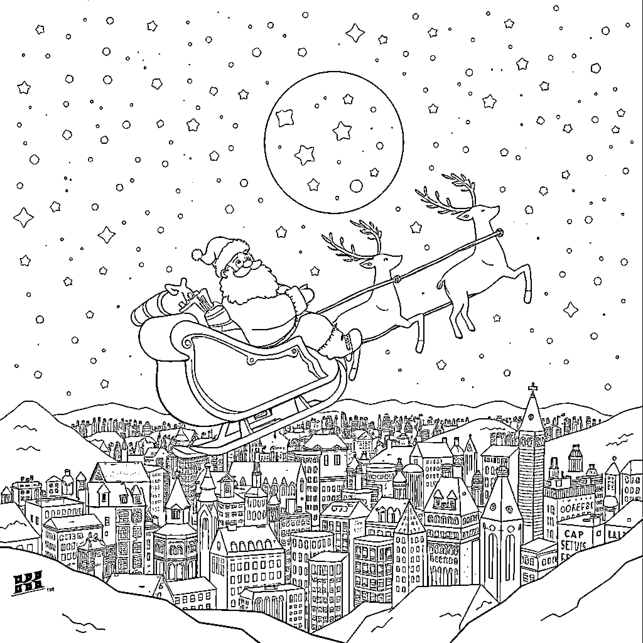 Santa Claus flying over the snowy city in his sleigh Coloring Page (free black-and-white line drawing printable PDF for all, from beginners to advanced learners, including children, teens, adults, and seniors)
