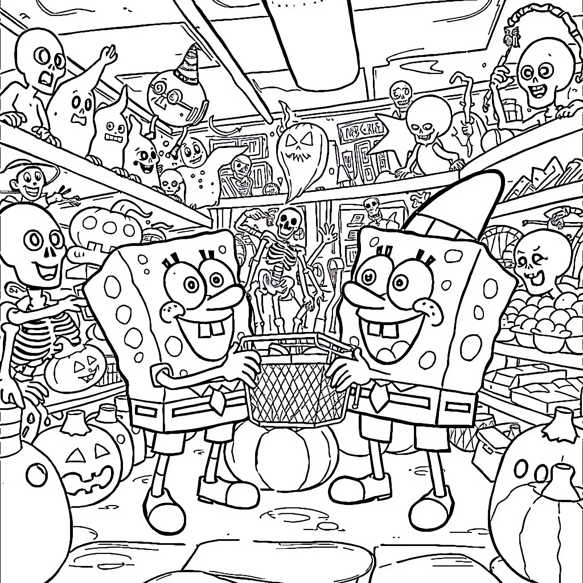 Spongebob and friends in a spooky, festive scene Coloring Page (free black-and-white line drawing printable PDF for all, from beginners to advanced learners, including children, teens, adults, and seniors)