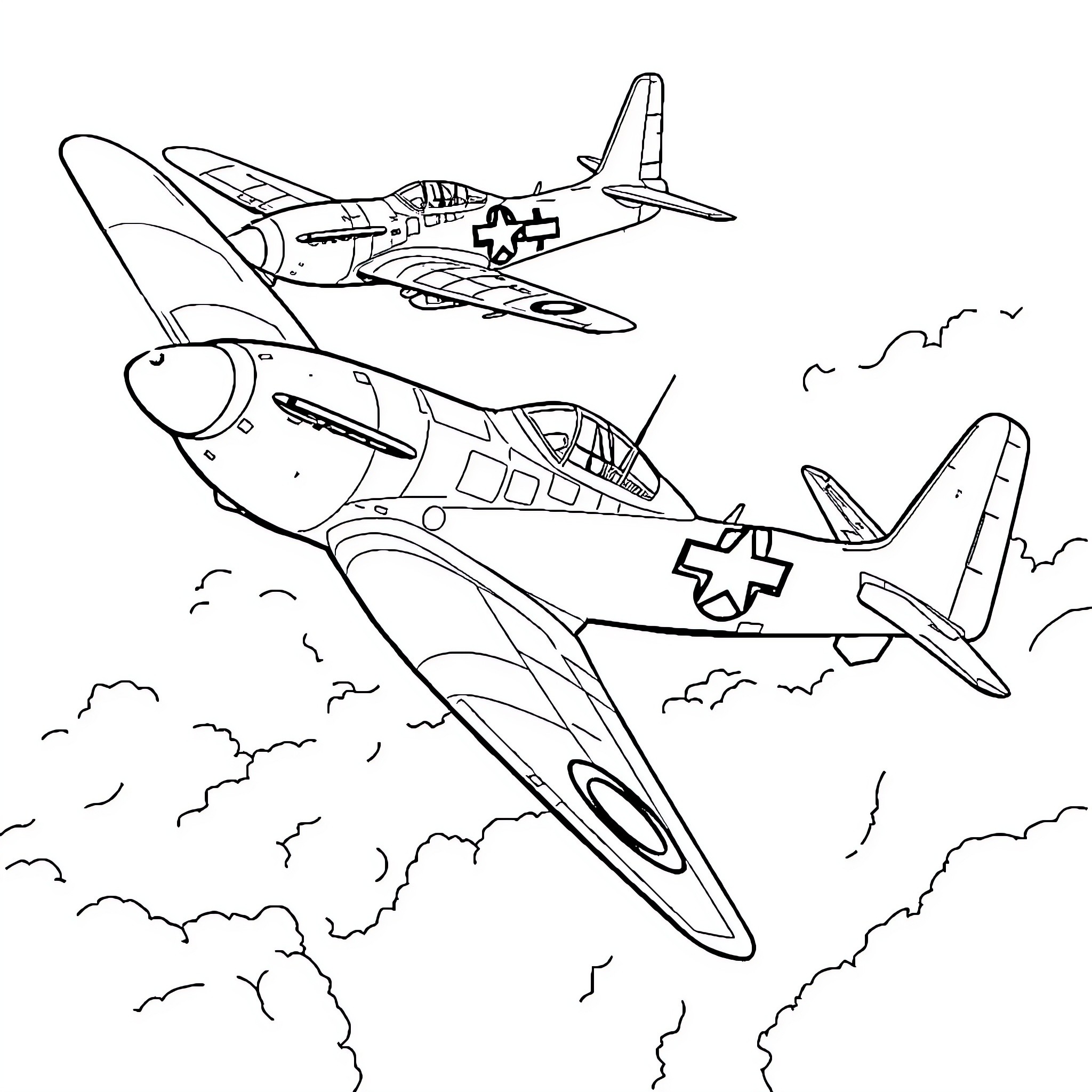 Aircraft in aerial formation over cloudy skies Coloring Page (free black-and-white line drawing printable PDF for all, from beginners to advanced learners, including children, teens, adults, and seniors)