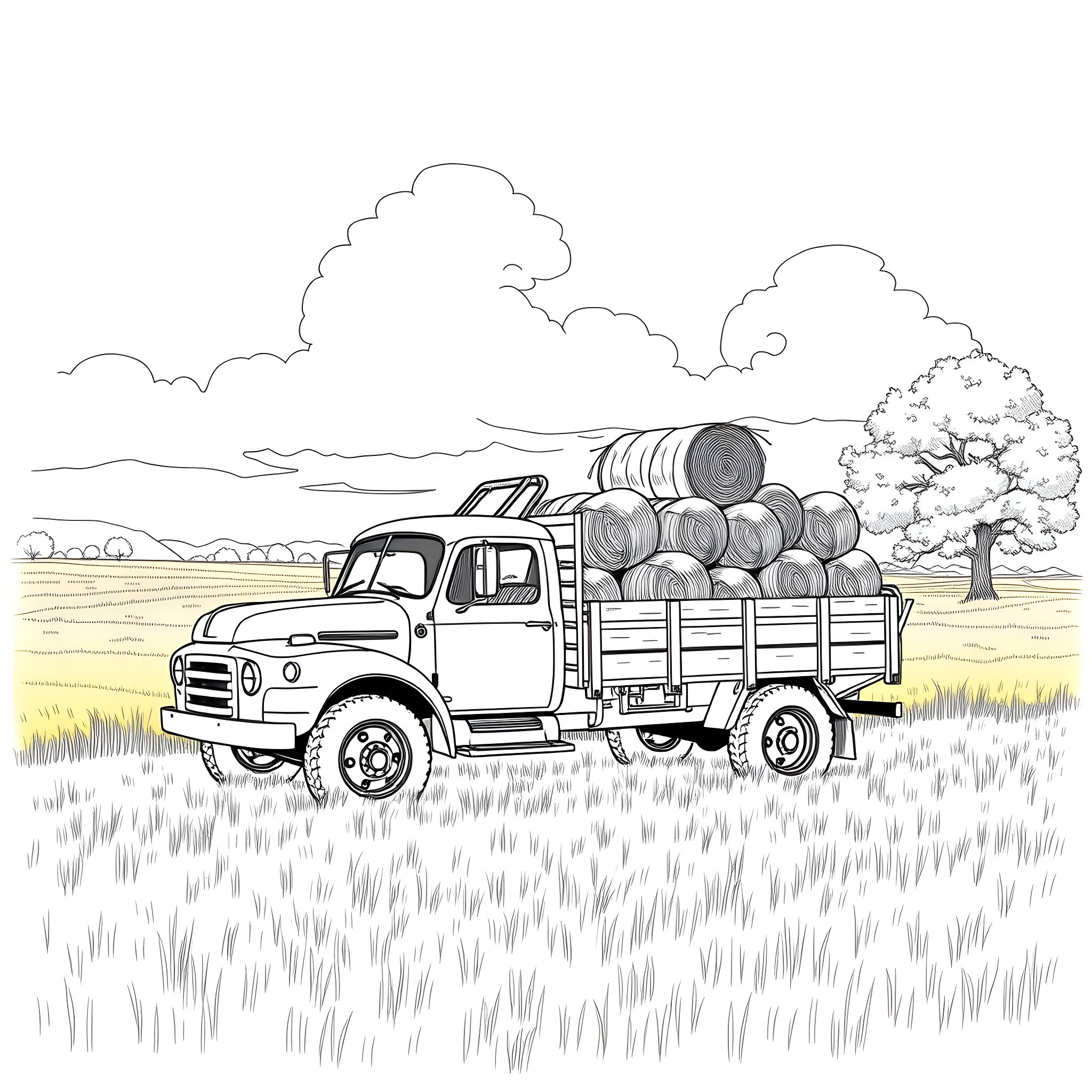 Hay Truck transporting bales through the countryside Coloring Page (free black-and-white line drawing printable PDF for all, from beginners to advanced learners, including children, teens, adults, and seniors)