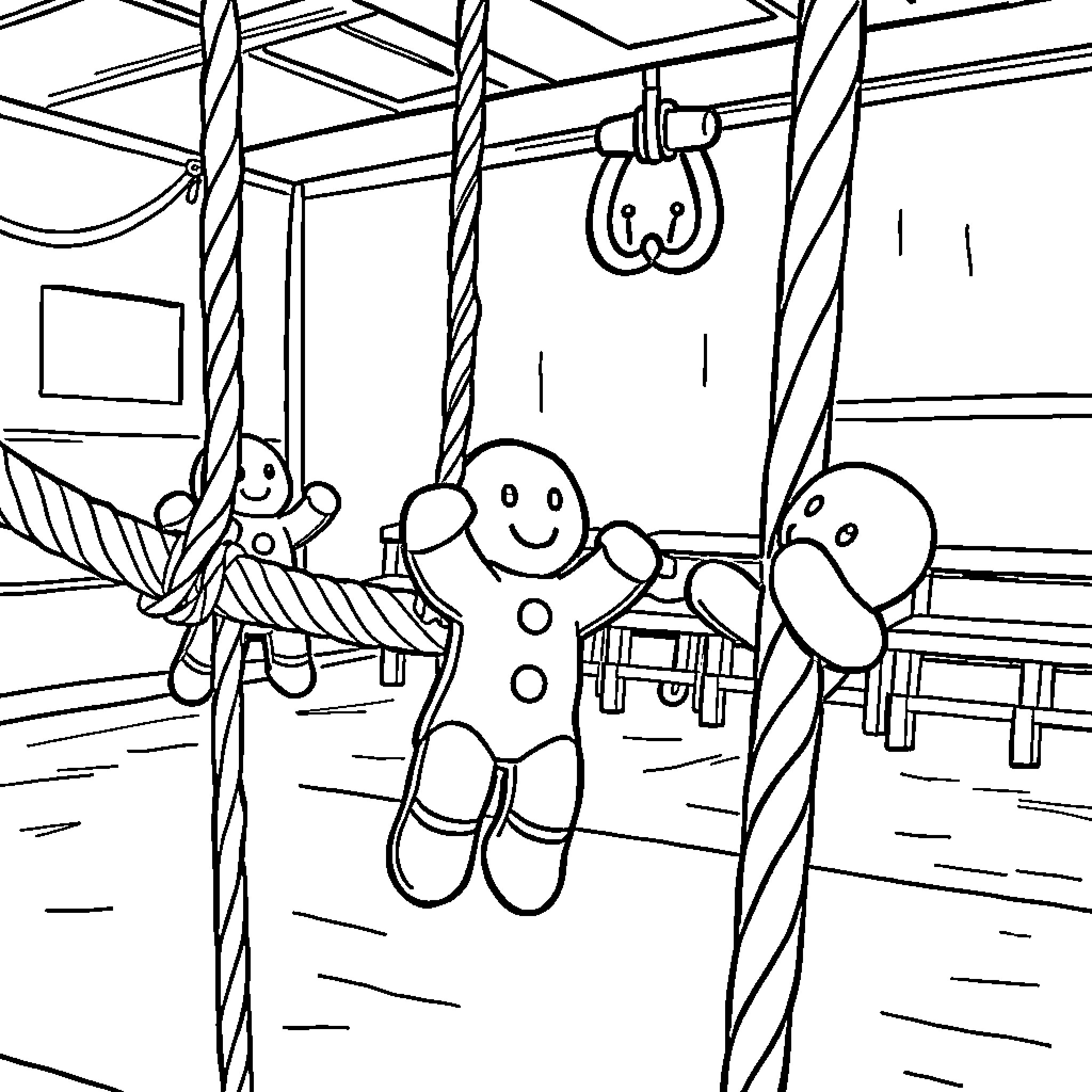 Gingerbread friends enjoying carousel ride Coloring Page (free black-and-white line drawing printable PDF for all, from beginners to advanced learners, including children, teens, adults, and seniors)