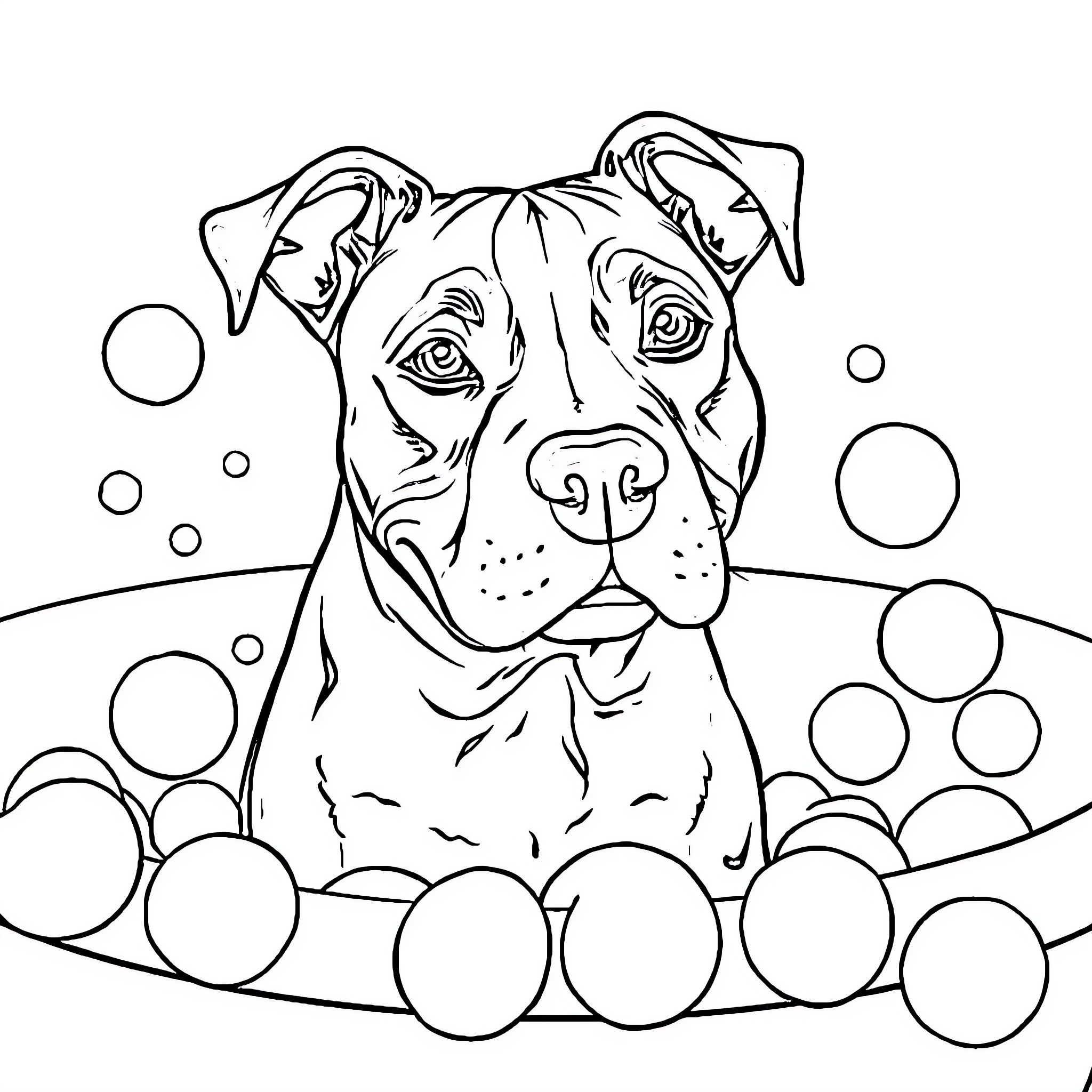 Pitbull enjoying a bubbly bath Coloring Page (free black-and-white line drawing printable PDF for all, from beginners to advanced learners, including children, teens, adults, and seniors)