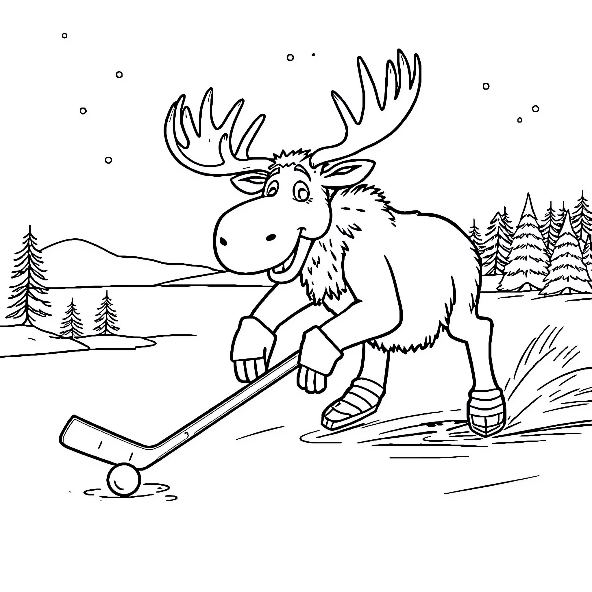 Moose playing hockey in a winter wonderland Coloring Page (free black-and-white line drawing printable PDF for all, from beginners to advanced learners, including children, teens, adults, and seniors)