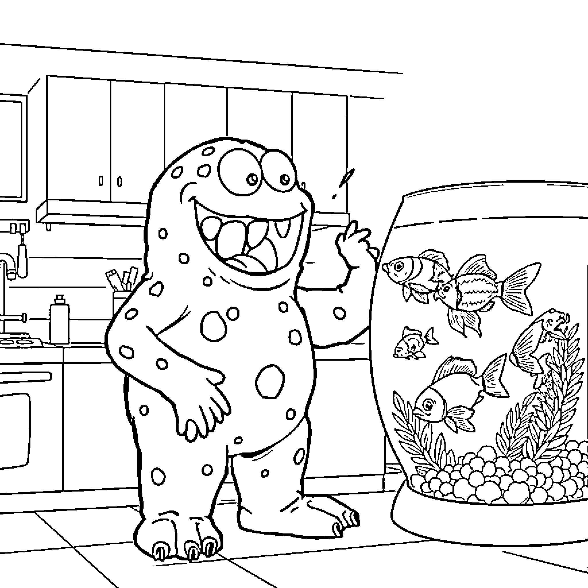 Cookie Monster exploring a kitchen with aquarium Coloring Page (free black-and-white line drawing printable PDF for all, from beginners to advanced learners, including children, teens, adults, and seniors)